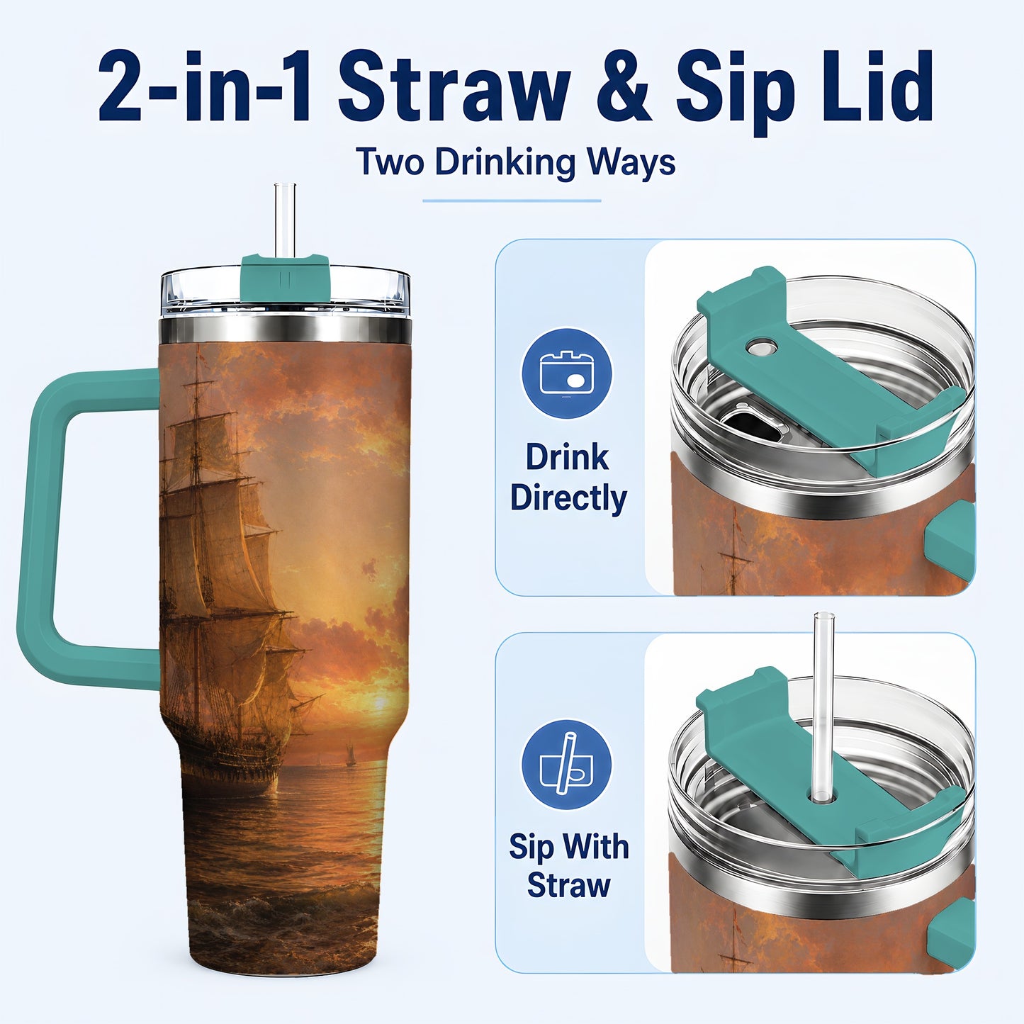 #pl[40oz|Green] Tall Ship Sunset 40oz Tumbler with Handle, Vintage Sailing Scene