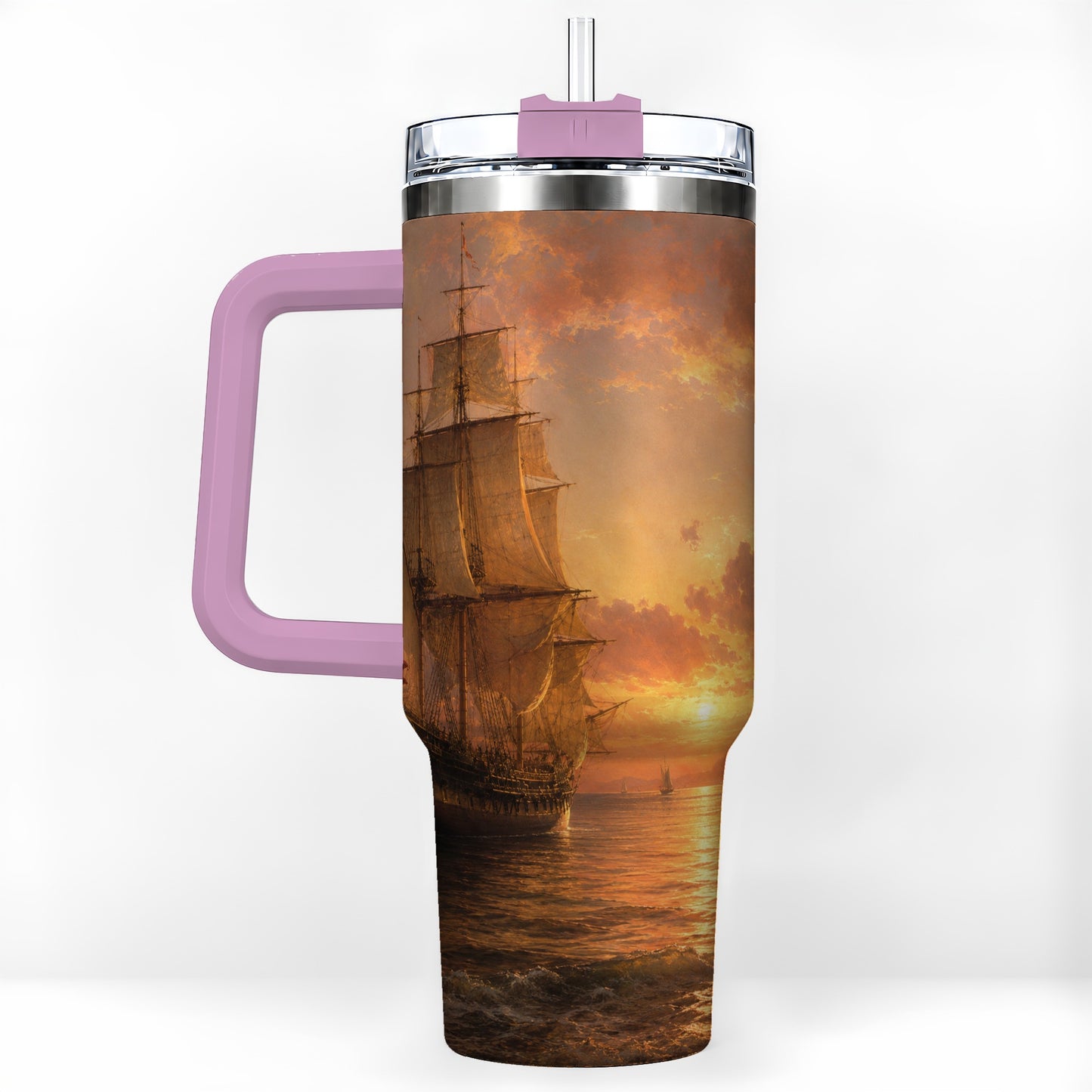 #pl[40oz|Pink] Tall Ship Sunset 40oz Tumbler with Handle, Vintage Sailing Scene