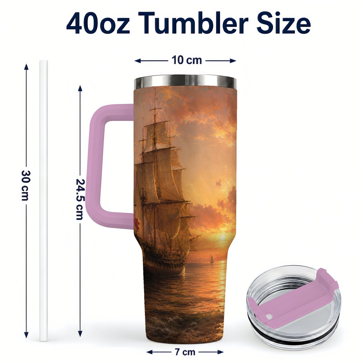 #pl[40oz|Pink] Tall Ship Sunset 40oz Tumbler with Handle, Vintage Sailing Scene