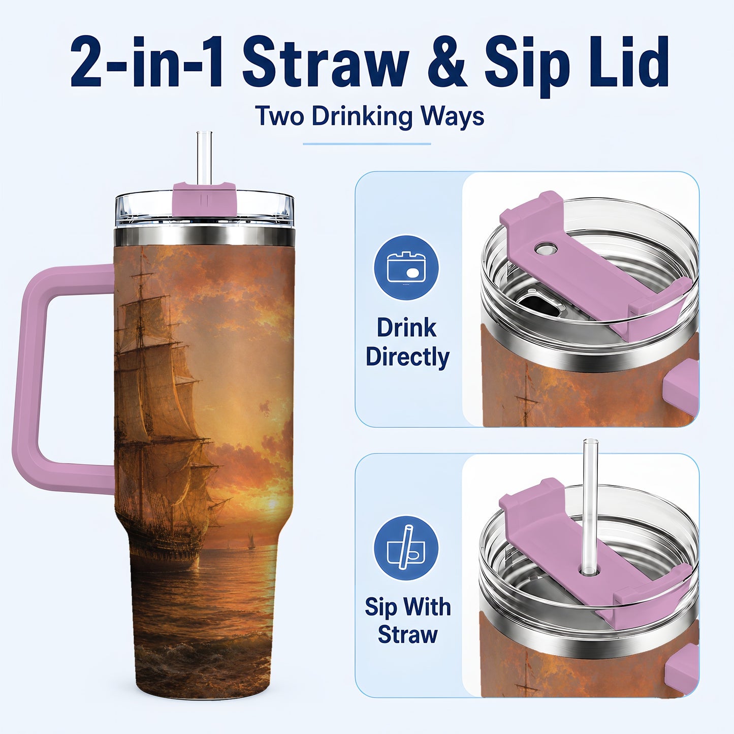 #pl[40oz|Pink] Tall Ship Sunset 40oz Tumbler with Handle, Vintage Sailing Scene