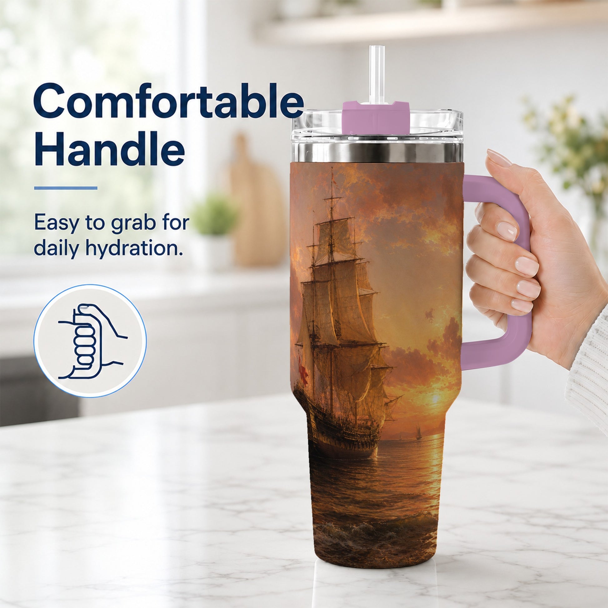 #pl[40oz|Pink] Tall Ship Sunset 40oz Tumbler with Handle, Vintage Sailing Scene