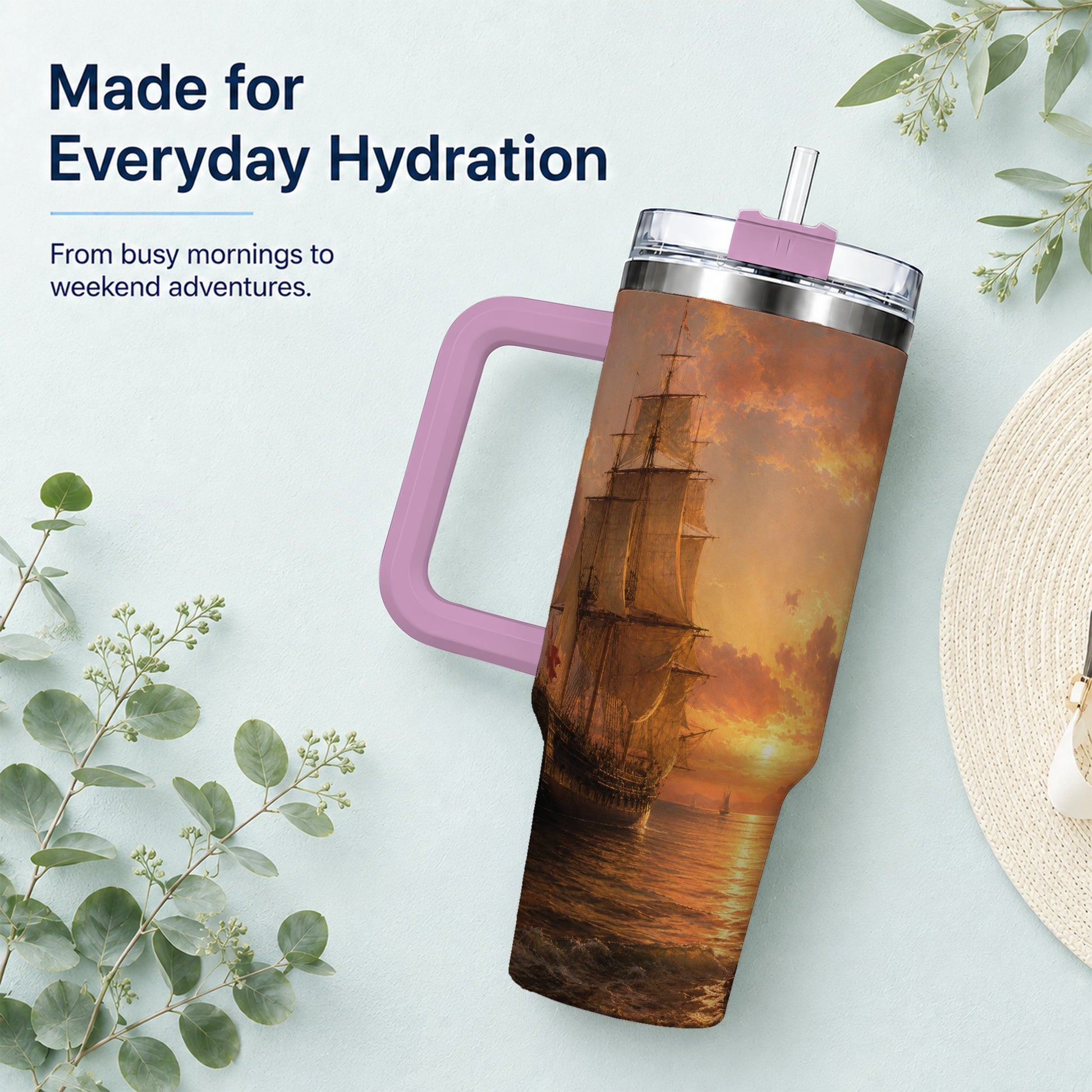 #pl[40oz|Pink] Tall Ship Sunset 40oz Tumbler with Handle, Vintage Sailing Scene