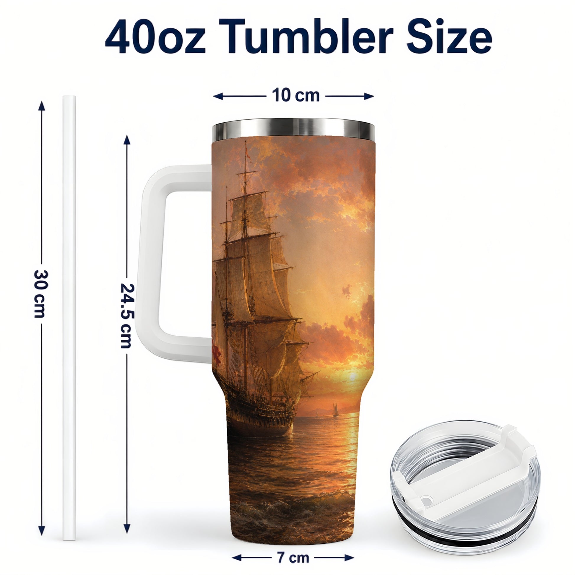#pl[40oz|White] Tall Ship Sunset 40oz Tumbler with Handle, Vintage Sailing Scene