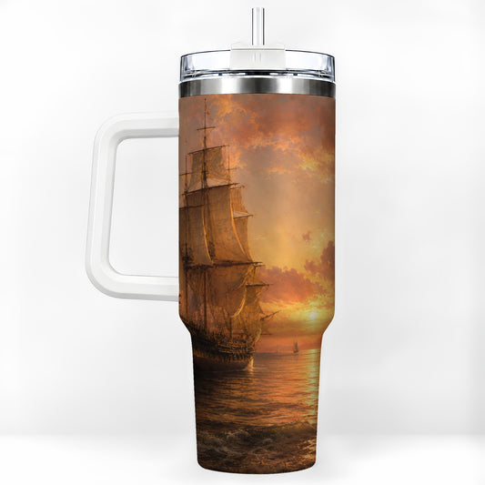 Tall Ship Sunset 40oz Tumbler with Handle, Vintage Sailing Scene