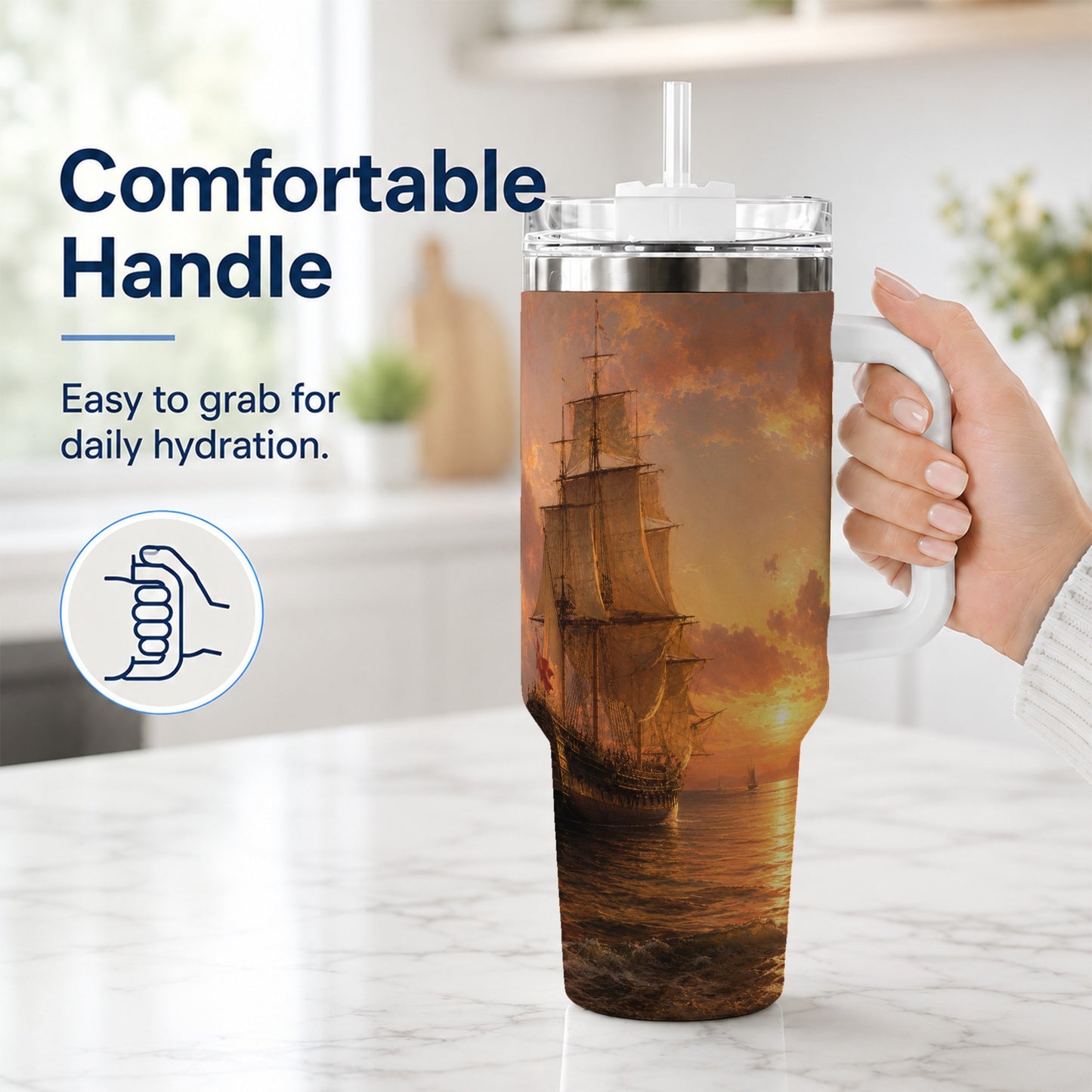 #pl[40oz|White] Tall Ship Sunset 40oz Tumbler with Handle, Vintage Sailing Scene