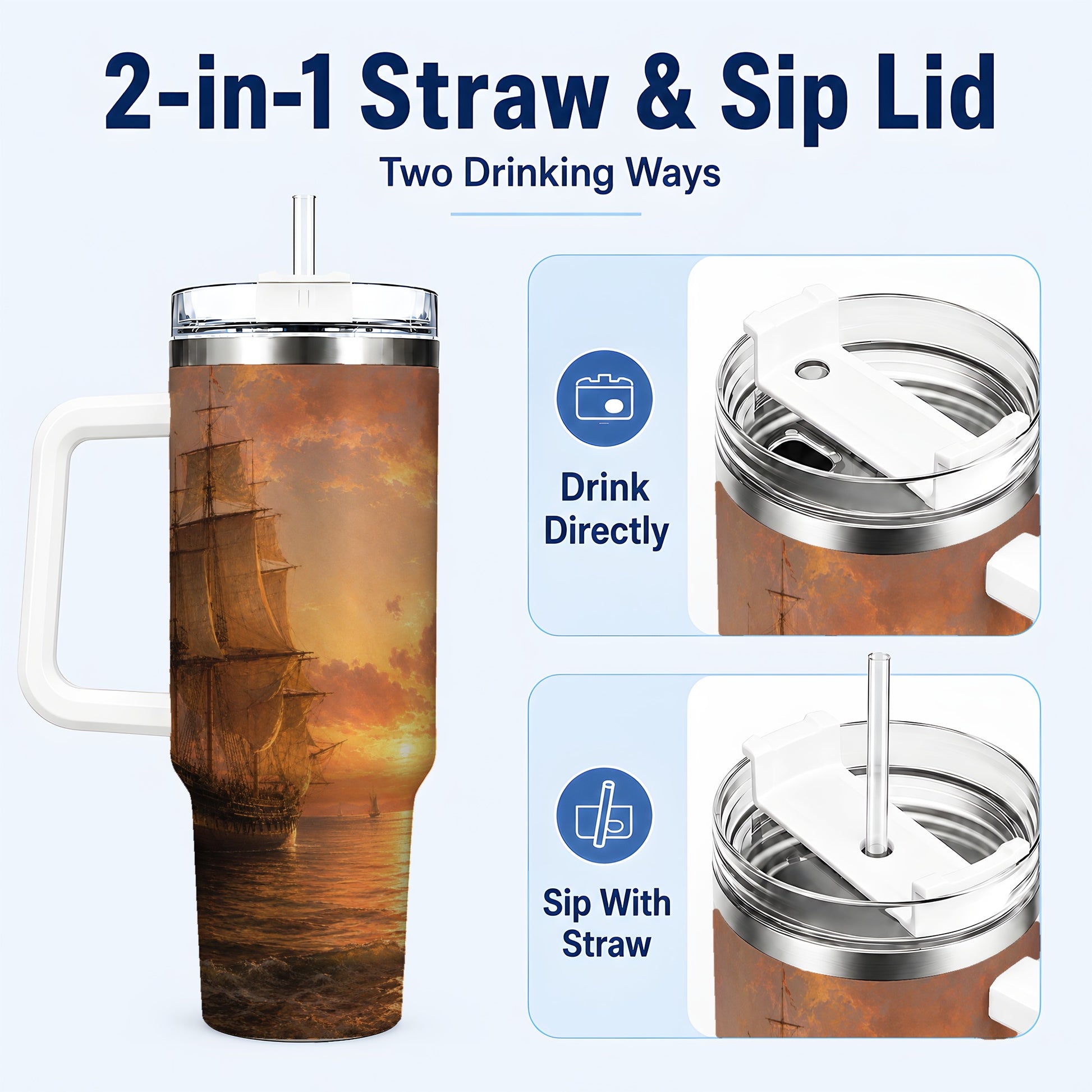 #pl[40oz|White] Tall Ship Sunset 40oz Tumbler with Handle, Vintage Sailing Scene