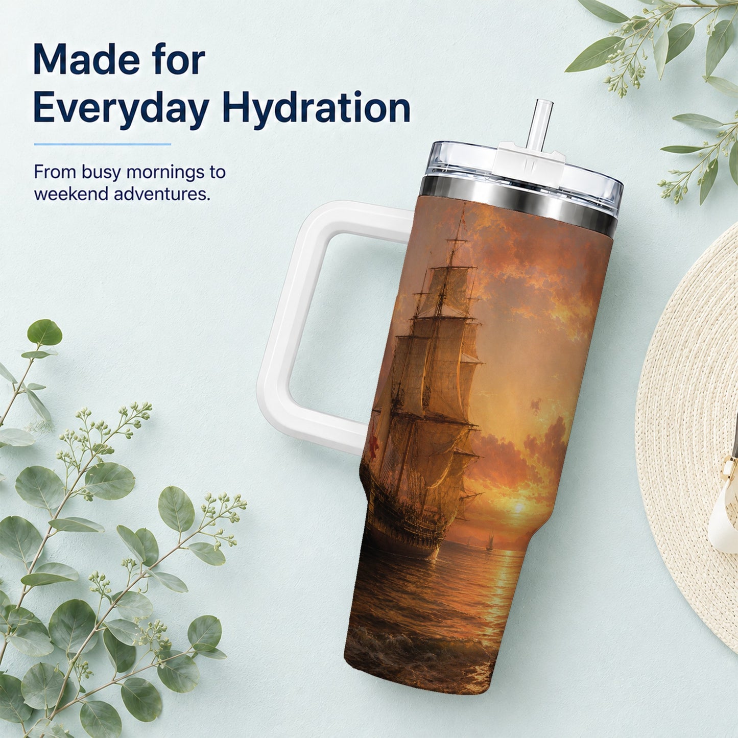 #pl[40oz|White] Tall Ship Sunset 40oz Tumbler with Handle, Vintage Sailing Scene