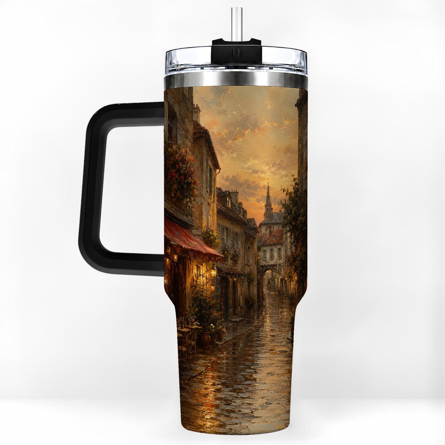 #pl[40oz|Black] Rainy Old Town 40oz Tumbler with Handle, European Cafe Street