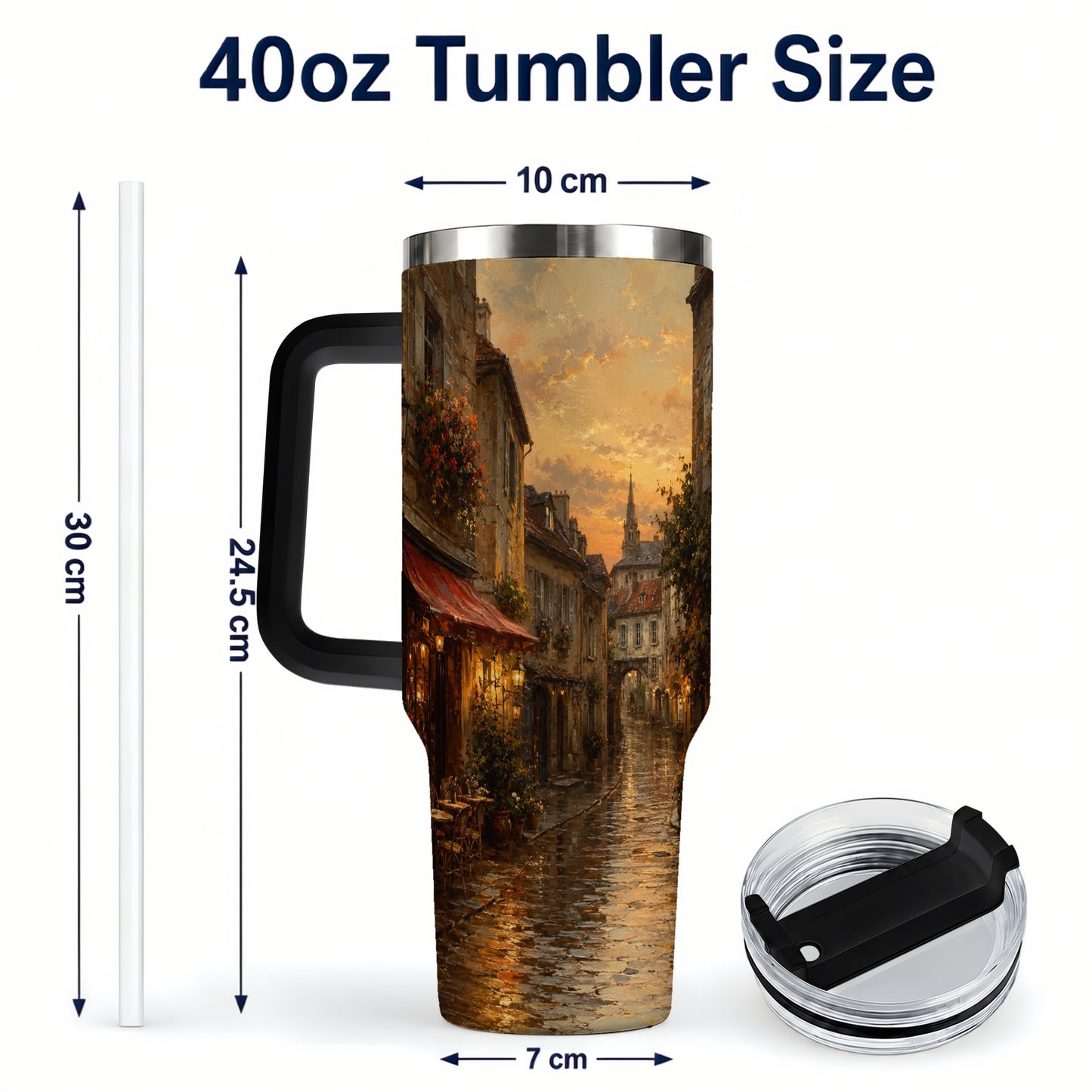 #pl[40oz|Black] Rainy Old Town 40oz Tumbler with Handle, European Cafe Street
