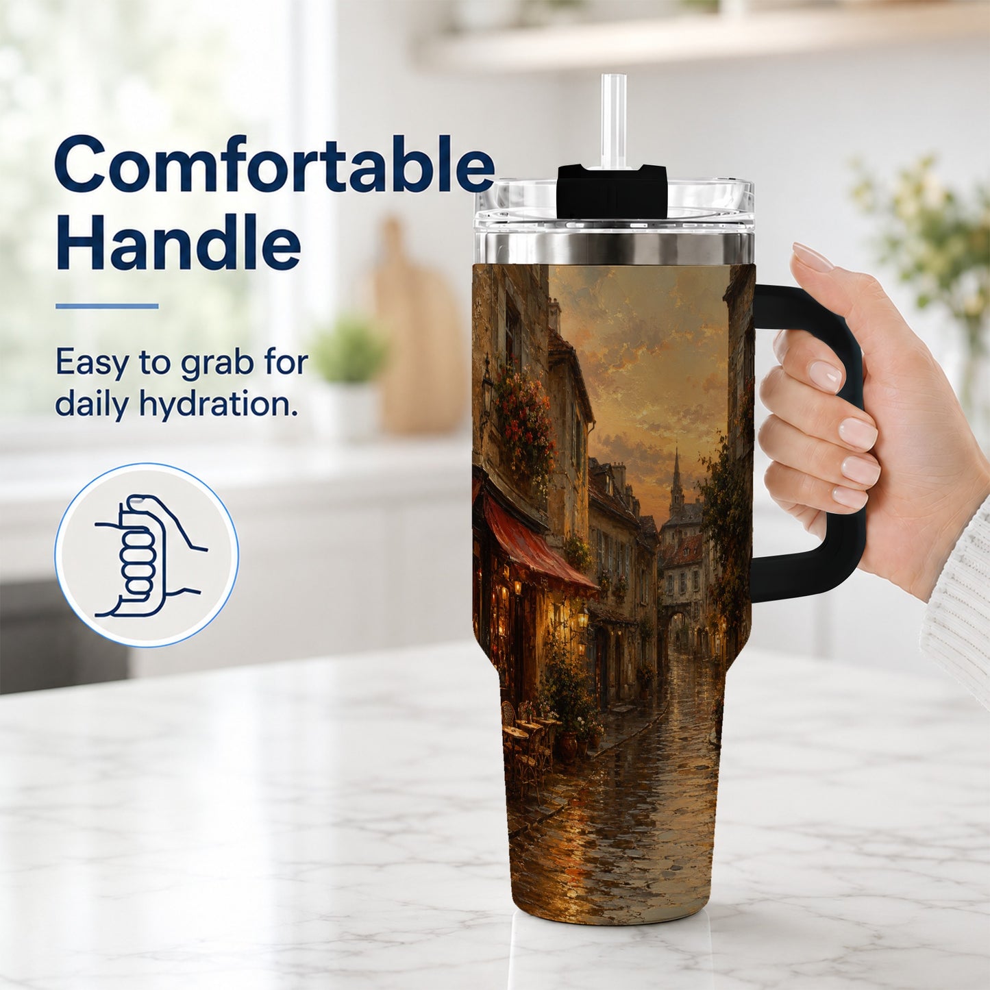 #pl[40oz|Black] Rainy Old Town 40oz Tumbler with Handle, European Cafe Street