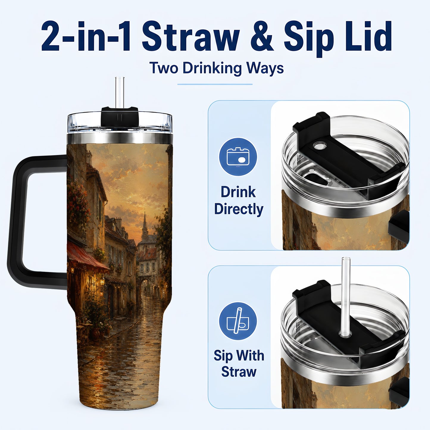 #pl[40oz|Black] Rainy Old Town 40oz Tumbler with Handle, European Cafe Street