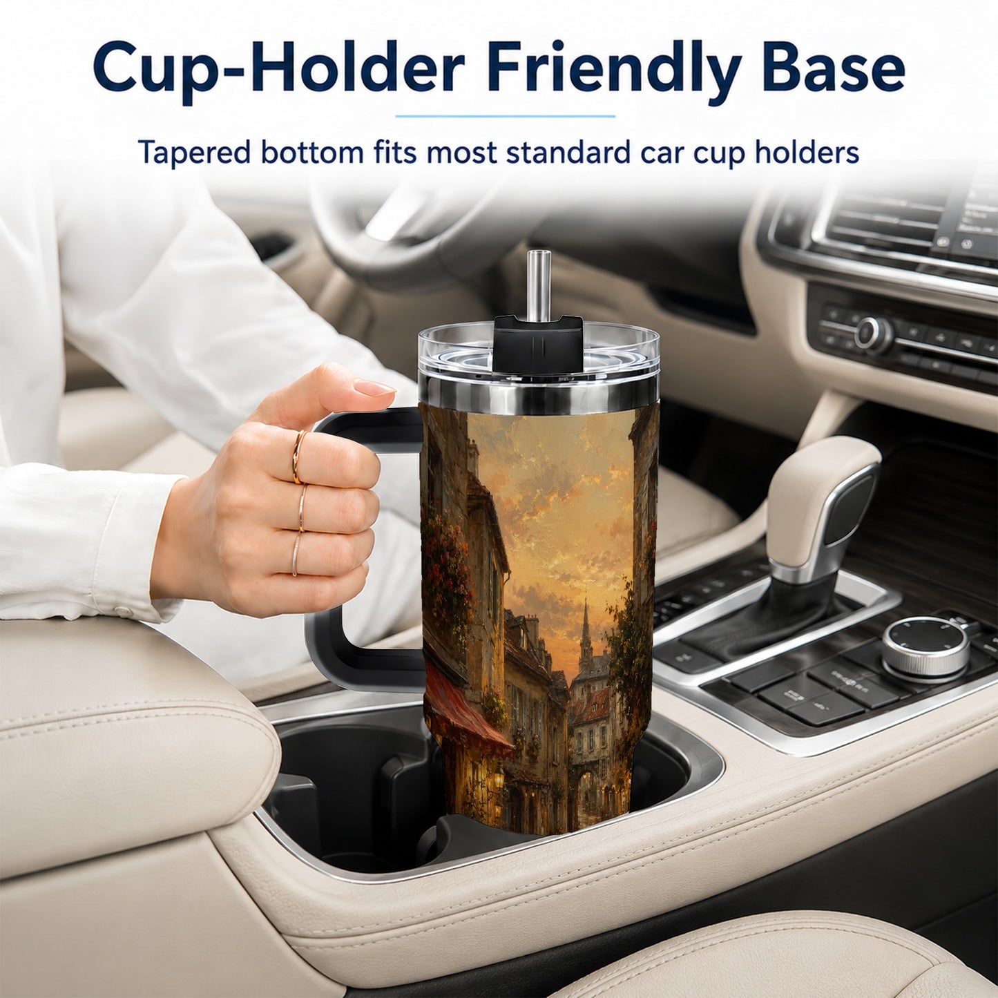 #pl[40oz|Black] Rainy Old Town 40oz Tumbler with Handle, European Cafe Street