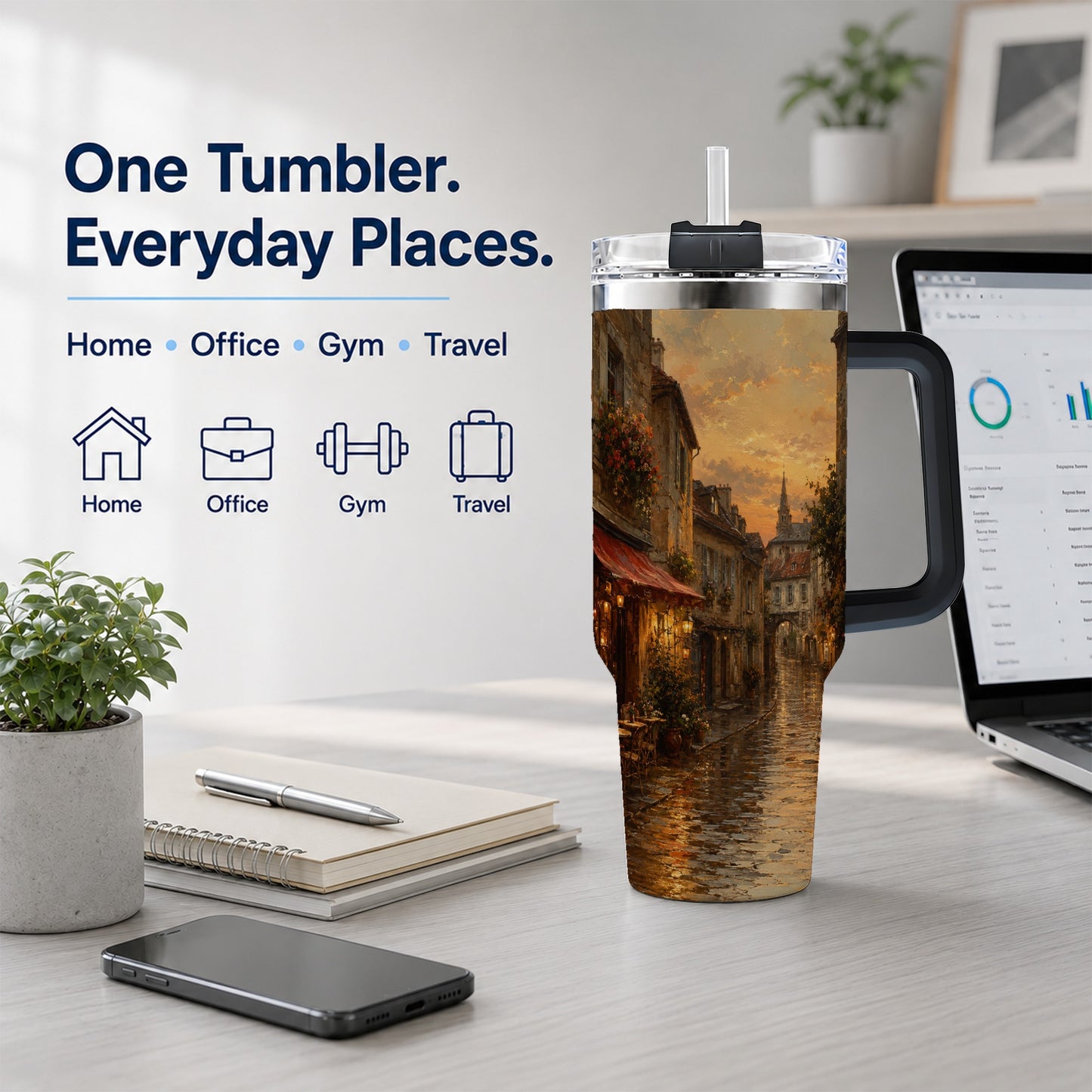 #pl[40oz|Black] Rainy Old Town 40oz Tumbler with Handle, European Cafe Street
