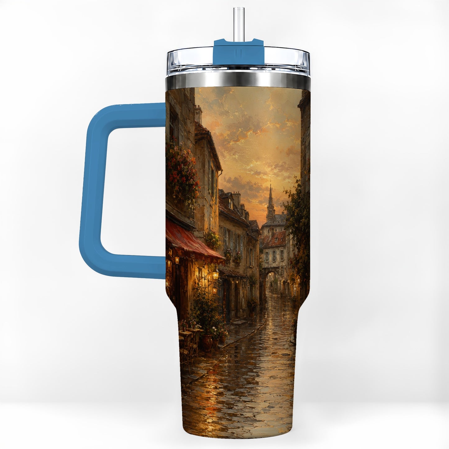 #pl[40oz|Blue] Rainy Old Town 40oz Tumbler with Handle, European Cafe Street