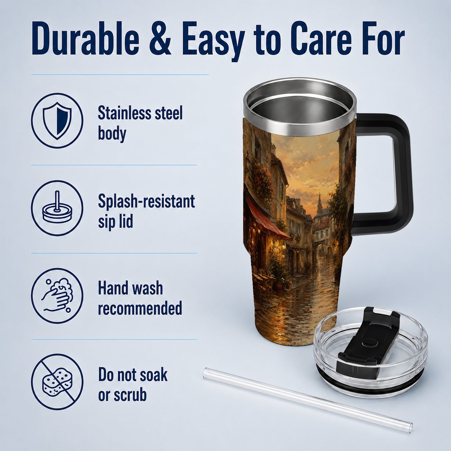 #pl[40oz|Black] Rainy Old Town 40oz Tumbler with Handle, European Cafe Street