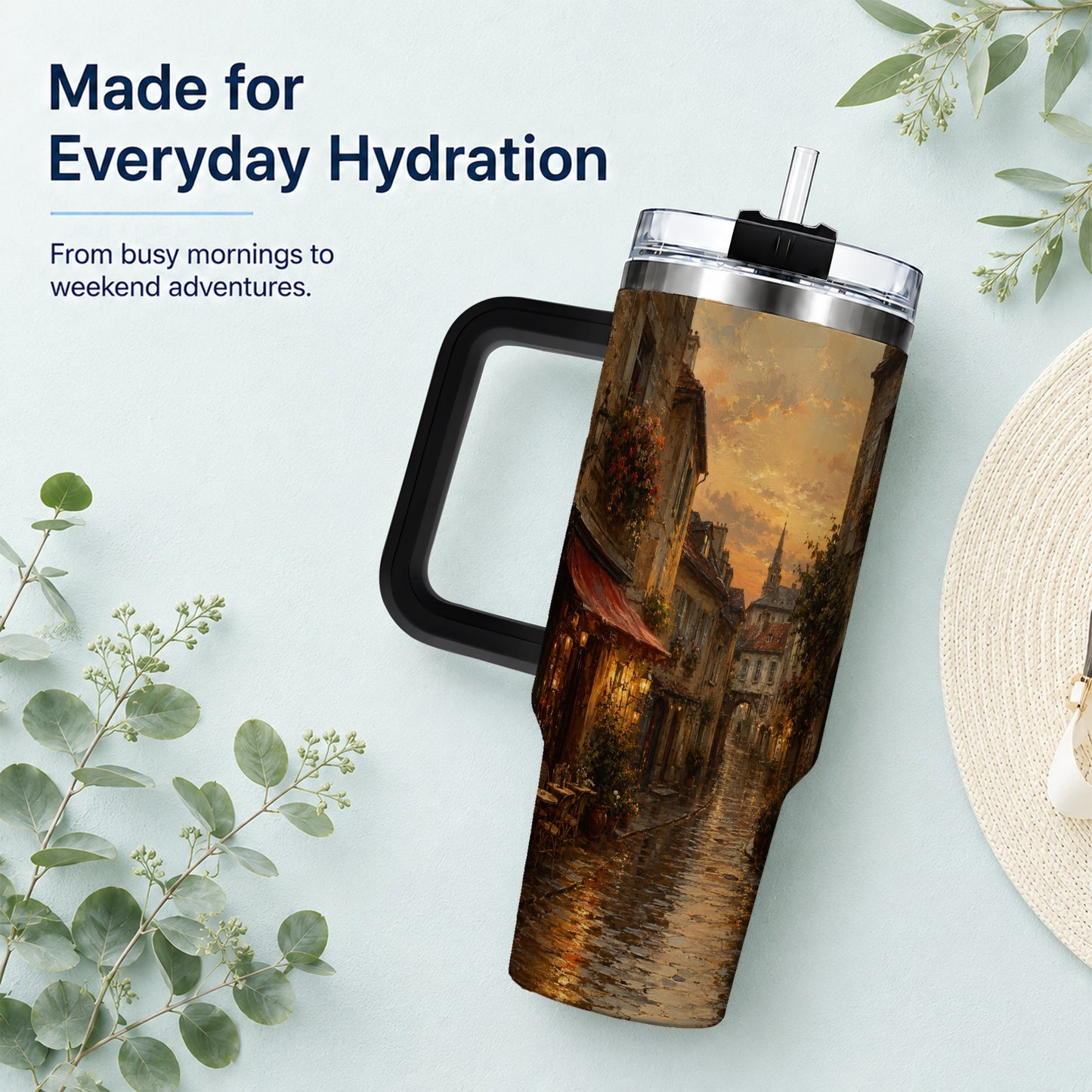 #pl[40oz|Black] Rainy Old Town 40oz Tumbler with Handle, European Cafe Street