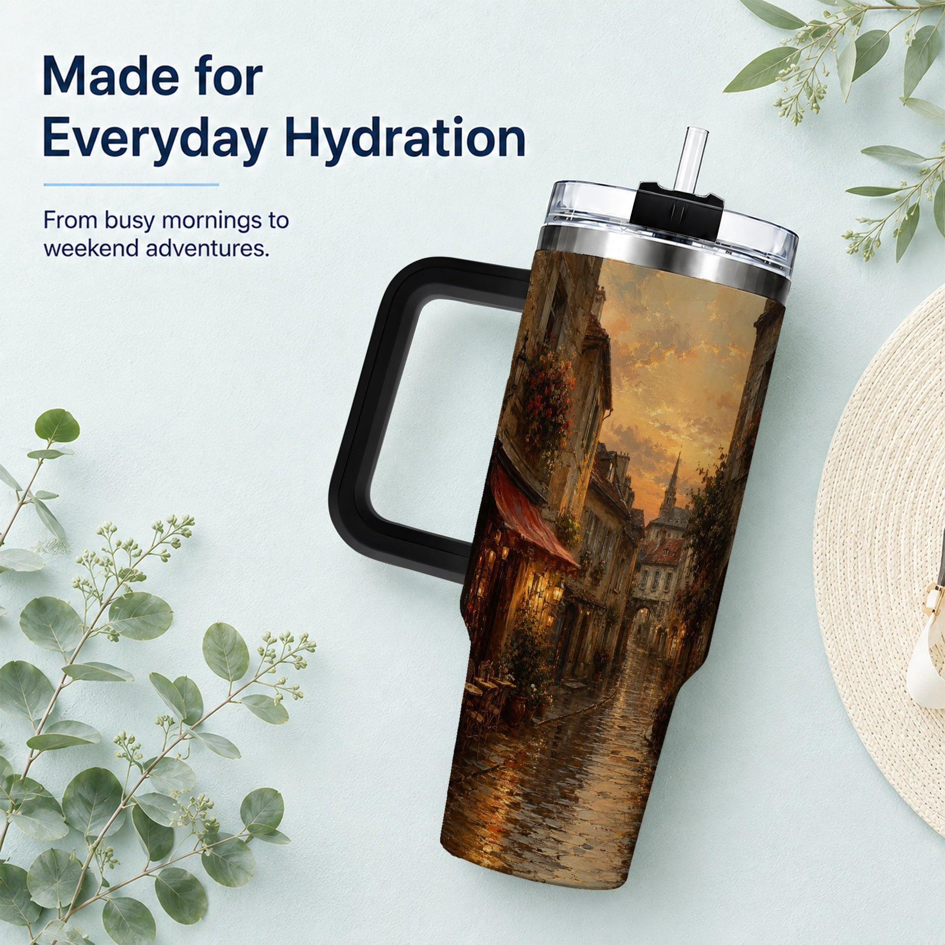 #pl[40oz|Black] Rainy Old Town 40oz Tumbler with Handle, European Cafe Street