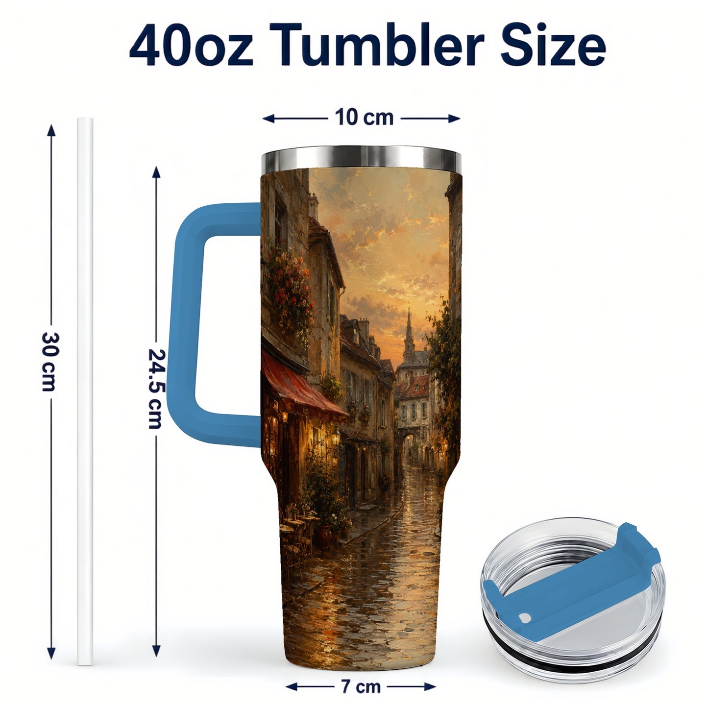 #pl[40oz|Blue] Rainy Old Town 40oz Tumbler with Handle, European Cafe Street