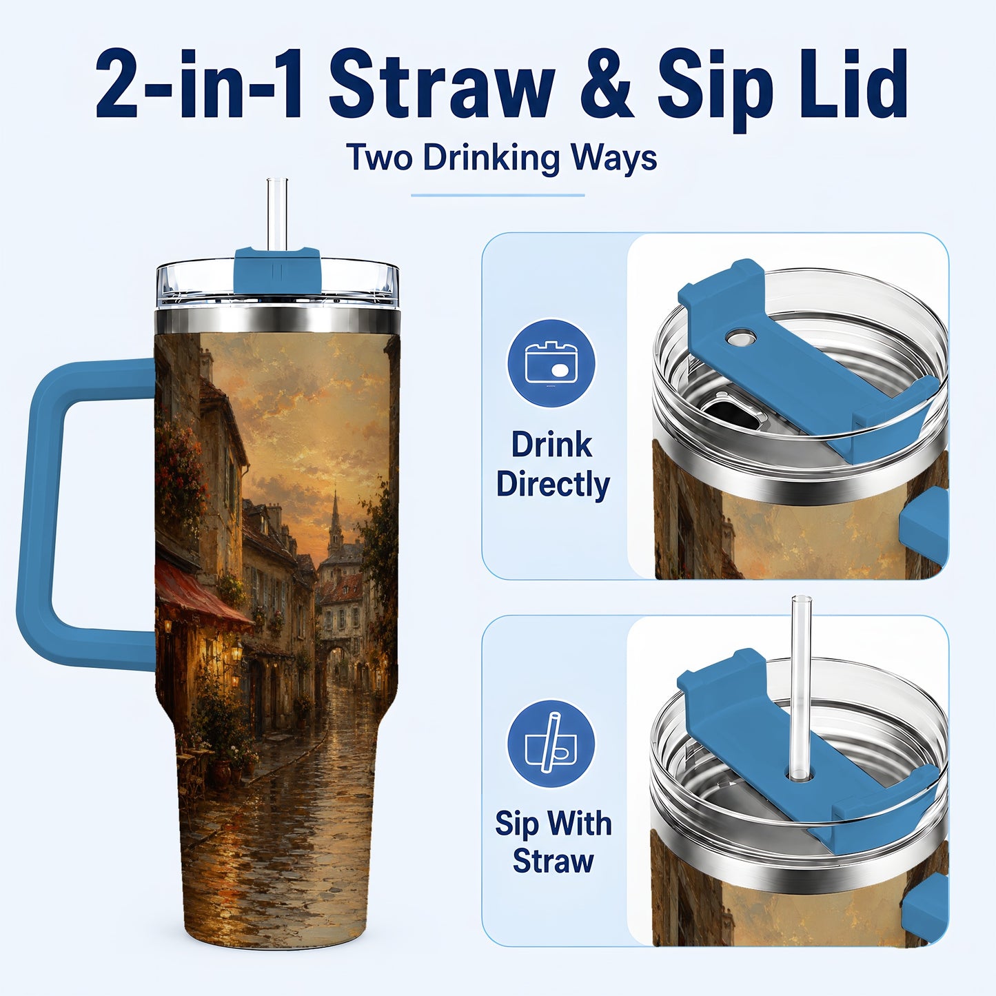 #pl[40oz|Blue] Rainy Old Town 40oz Tumbler with Handle, European Cafe Street