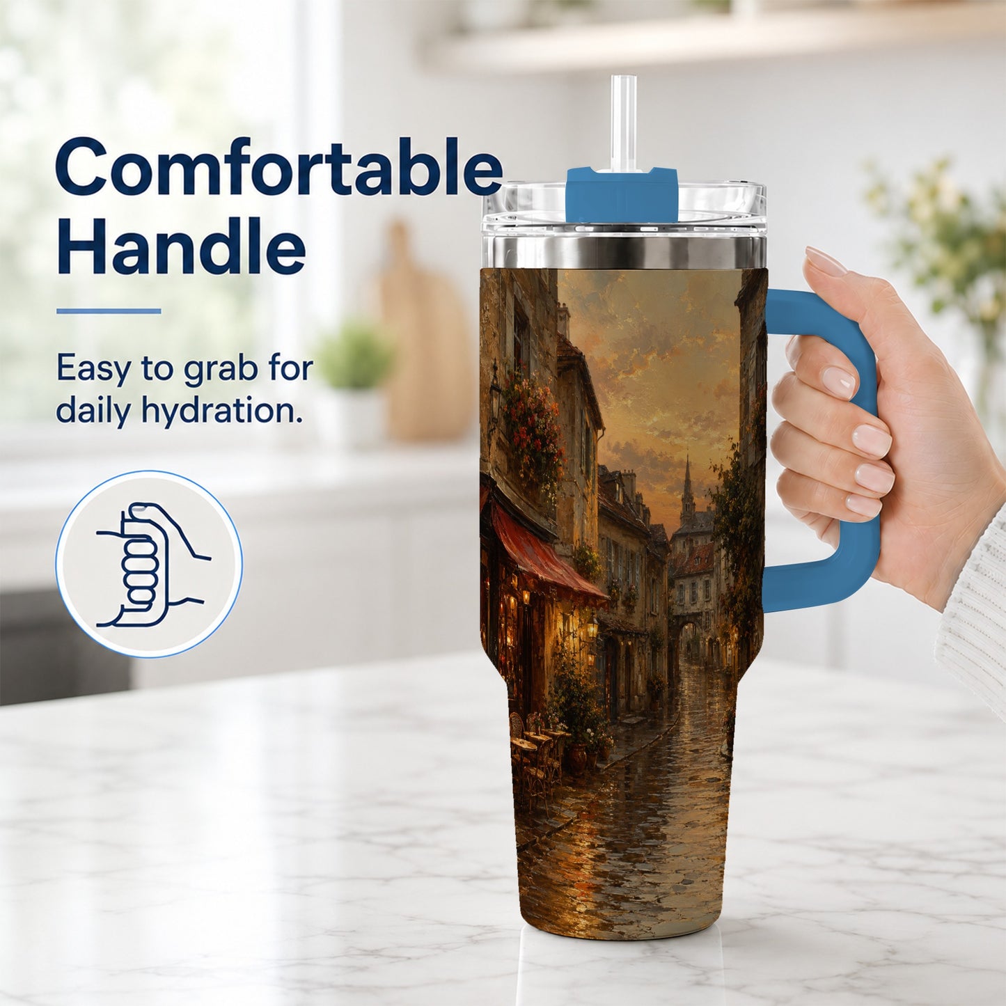 #pl[40oz|Blue] Rainy Old Town 40oz Tumbler with Handle, European Cafe Street