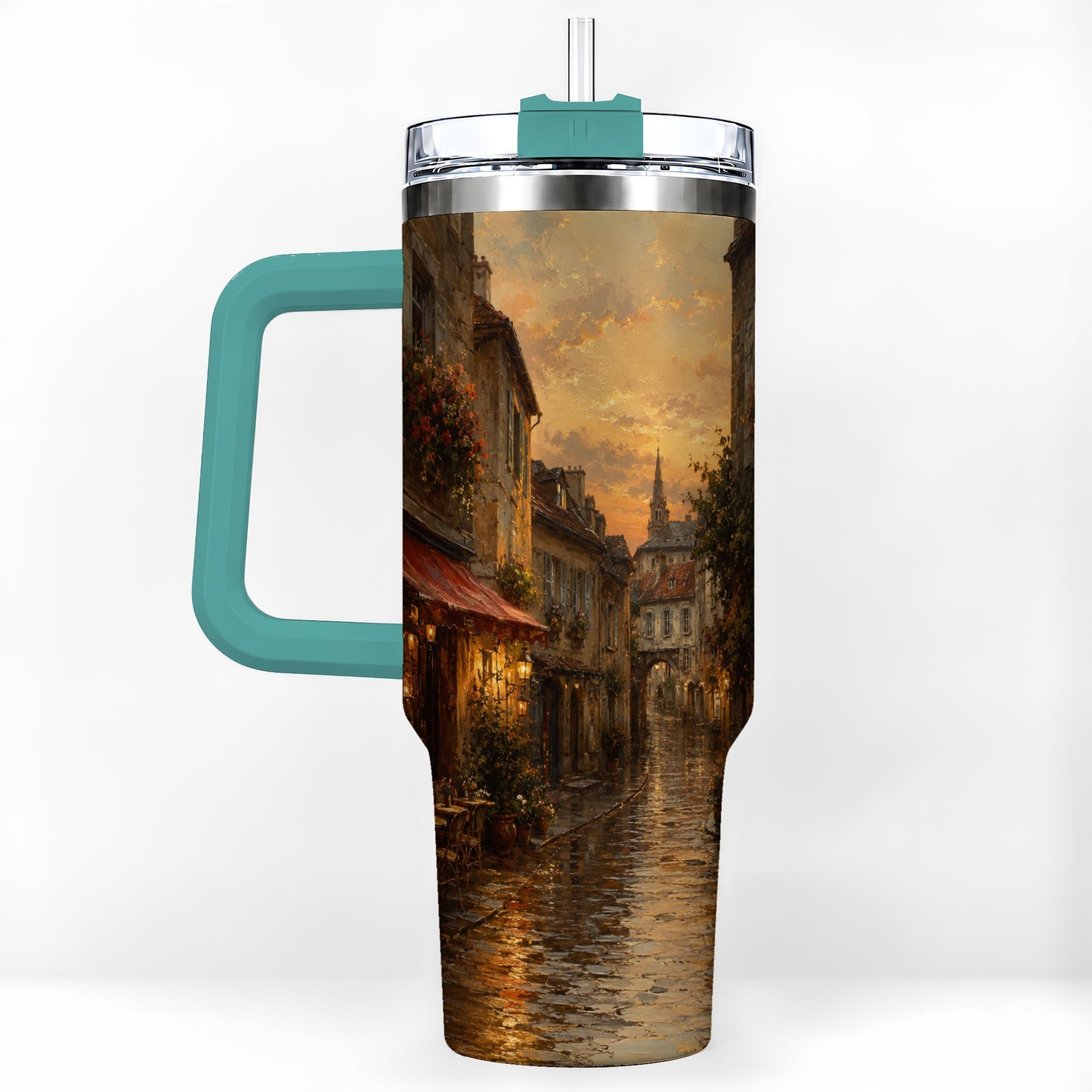 #pl[40oz|Green] Rainy Old Town 40oz Tumbler with Handle, European Cafe Street