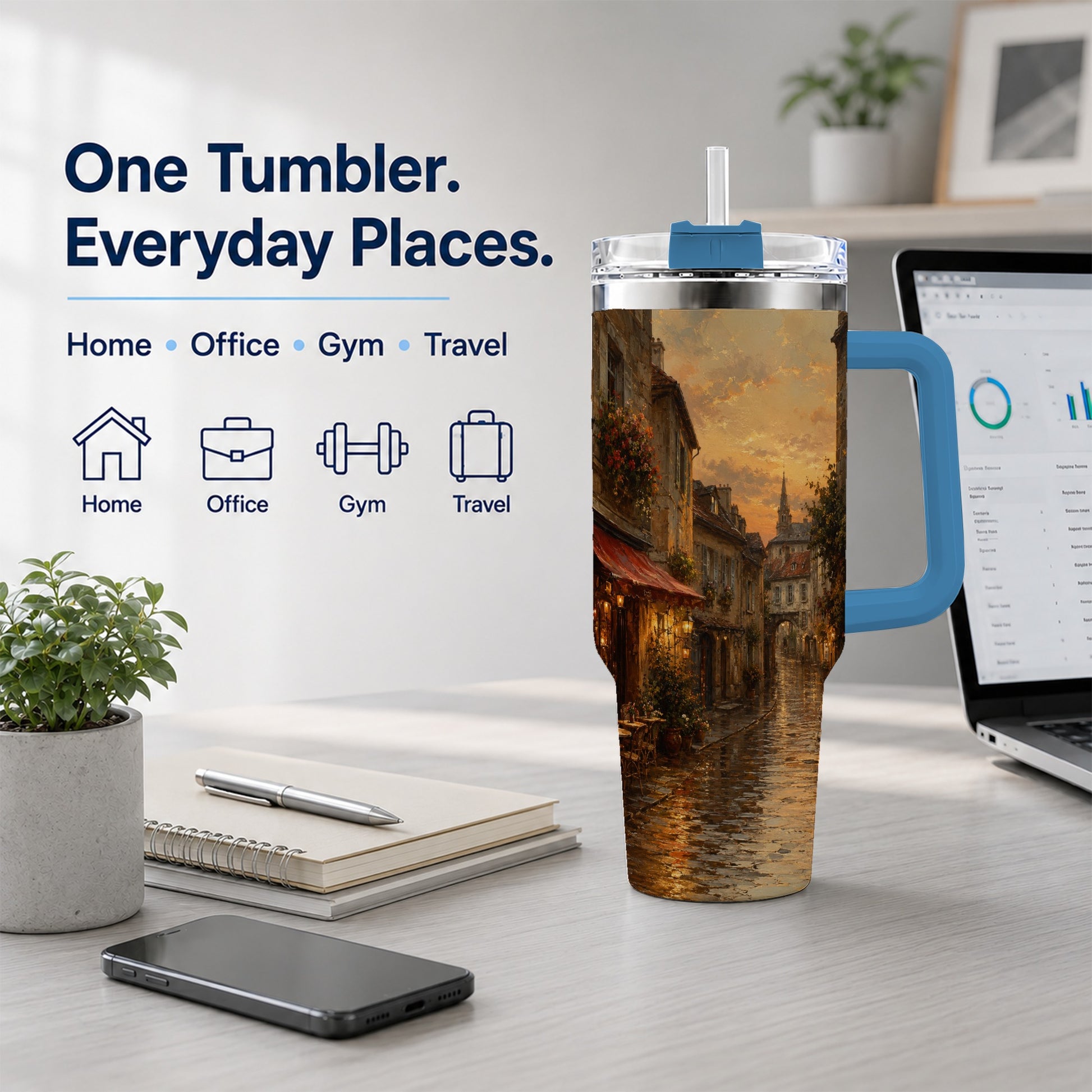 #pl[40oz|Blue] Rainy Old Town 40oz Tumbler with Handle, European Cafe Street