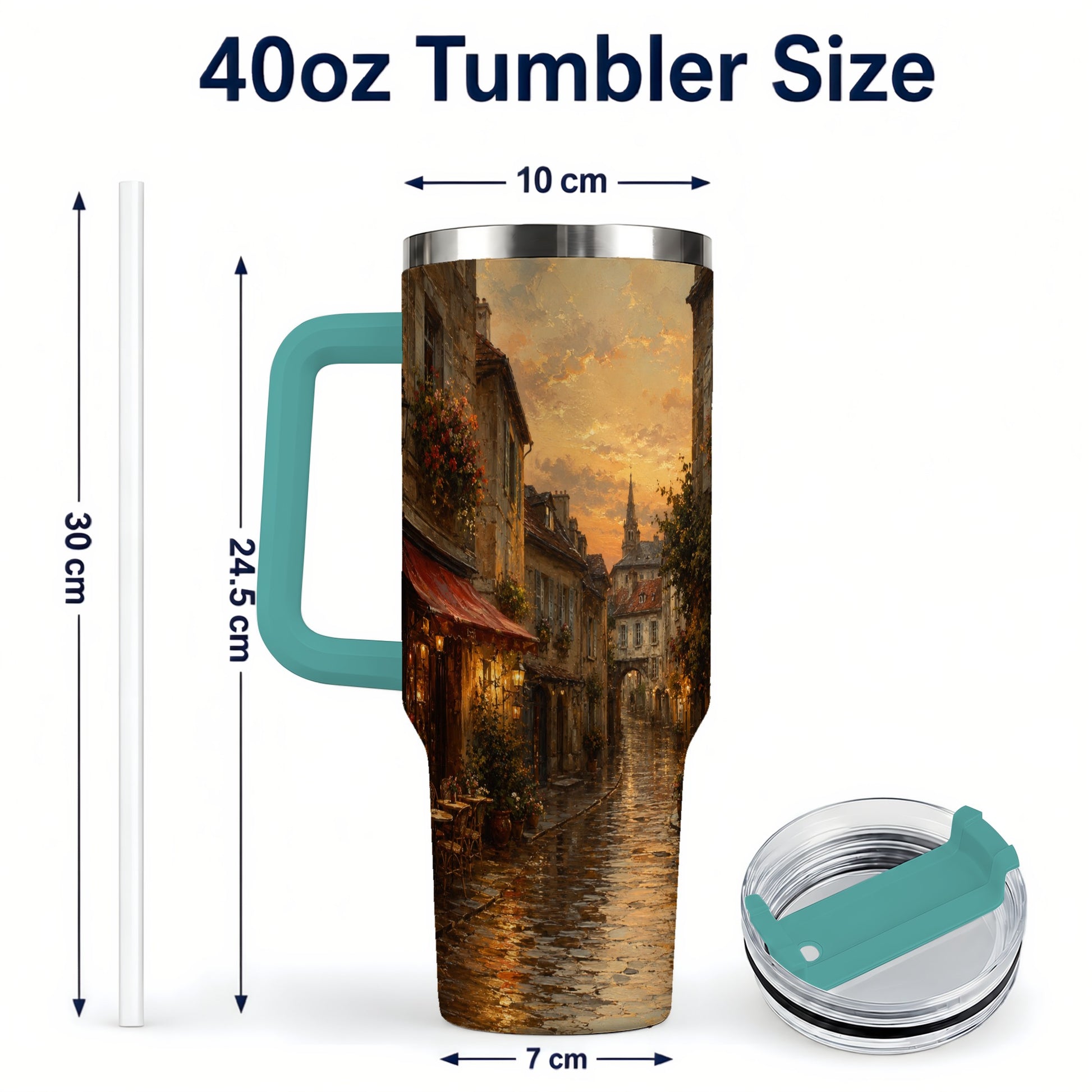 #pl[40oz|Green] Rainy Old Town 40oz Tumbler with Handle, European Cafe Street