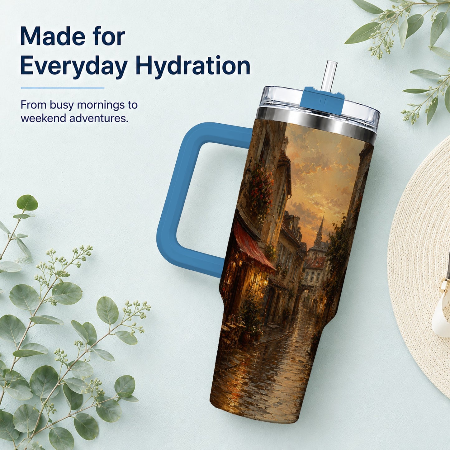 #pl[40oz|Blue] Rainy Old Town 40oz Tumbler with Handle, European Cafe Street
