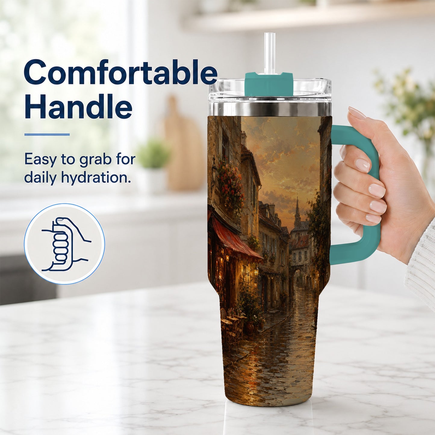 #pl[40oz|Green] Rainy Old Town 40oz Tumbler with Handle, European Cafe Street