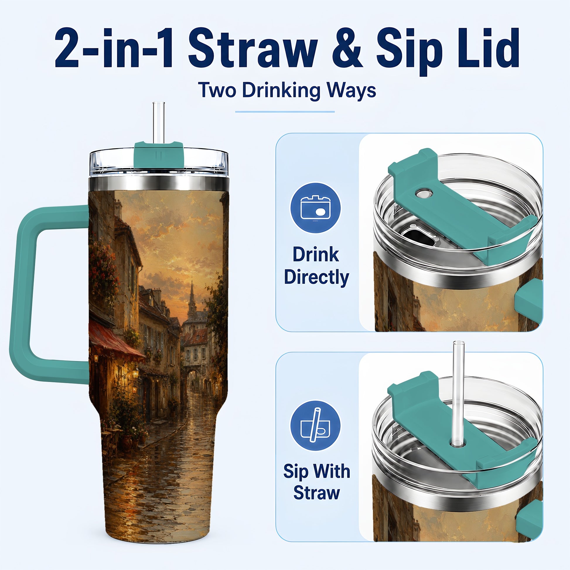 #pl[40oz|Green] Rainy Old Town 40oz Tumbler with Handle, European Cafe Street