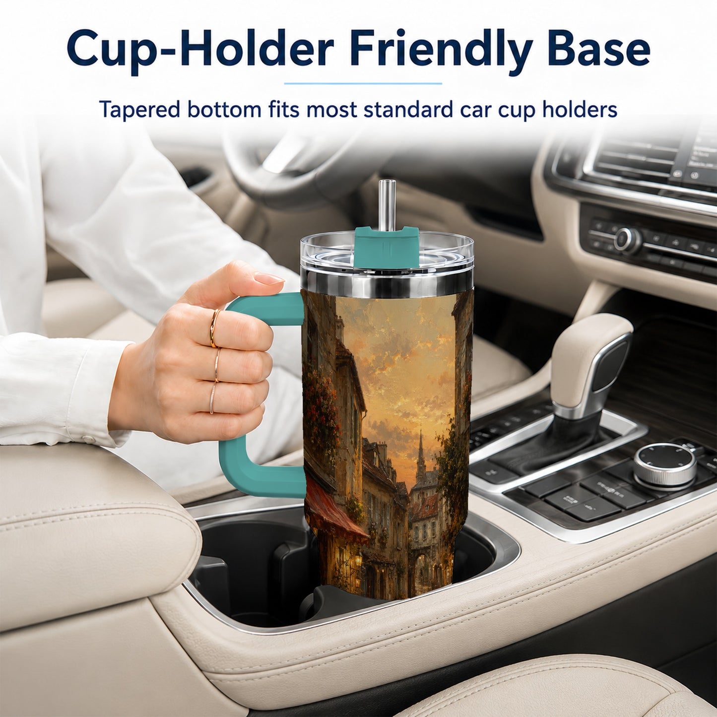 #pl[40oz|Green] Rainy Old Town 40oz Tumbler with Handle, European Cafe Street