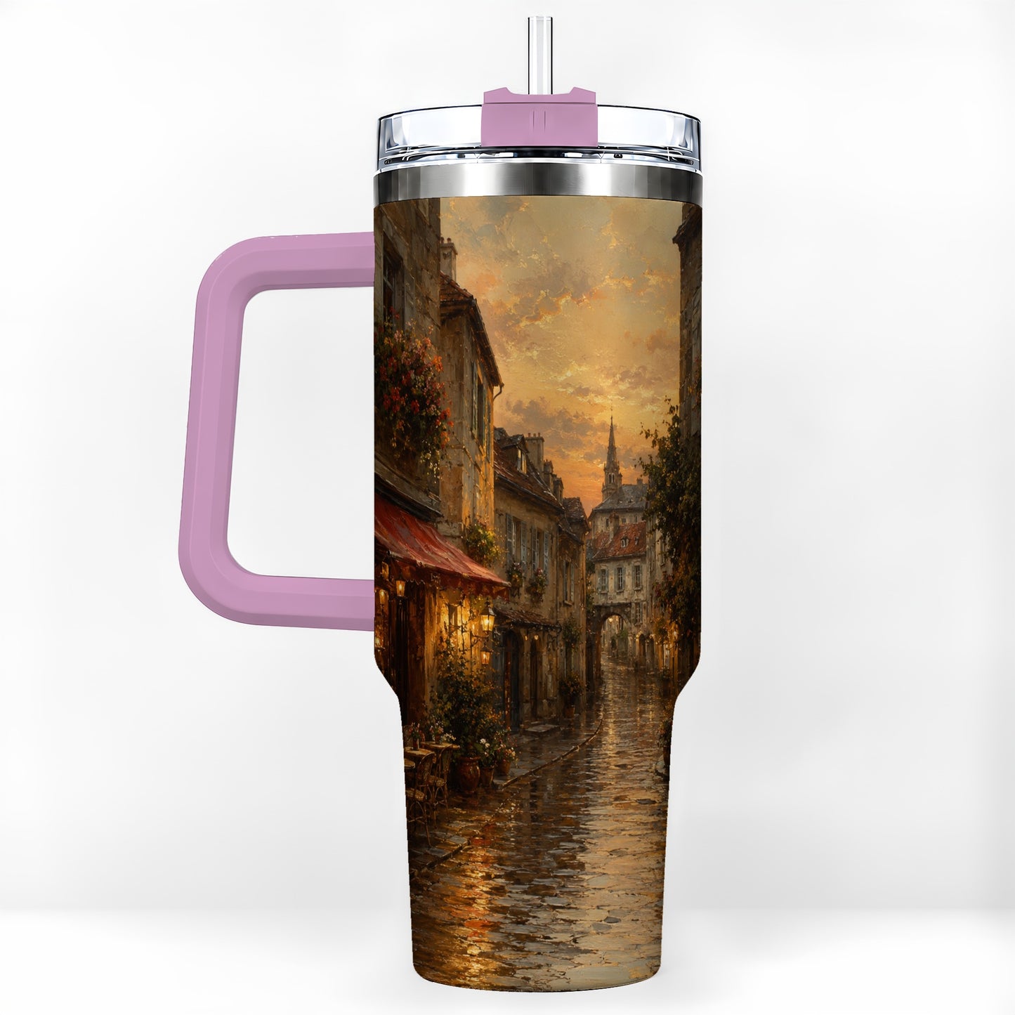 #pl[40oz|Pink] Rainy Old Town 40oz Tumbler with Handle, European Cafe Street