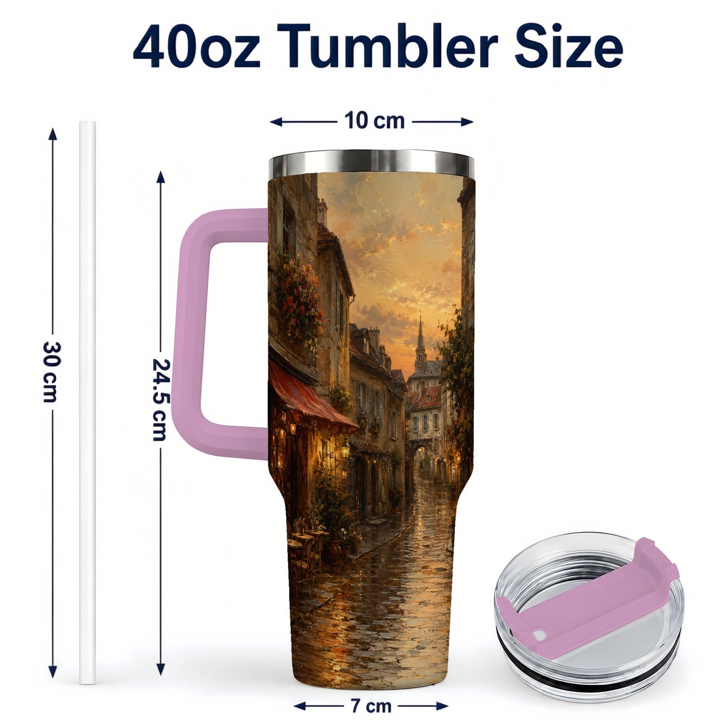 #pl[40oz|Pink] Rainy Old Town 40oz Tumbler with Handle, European Cafe Street