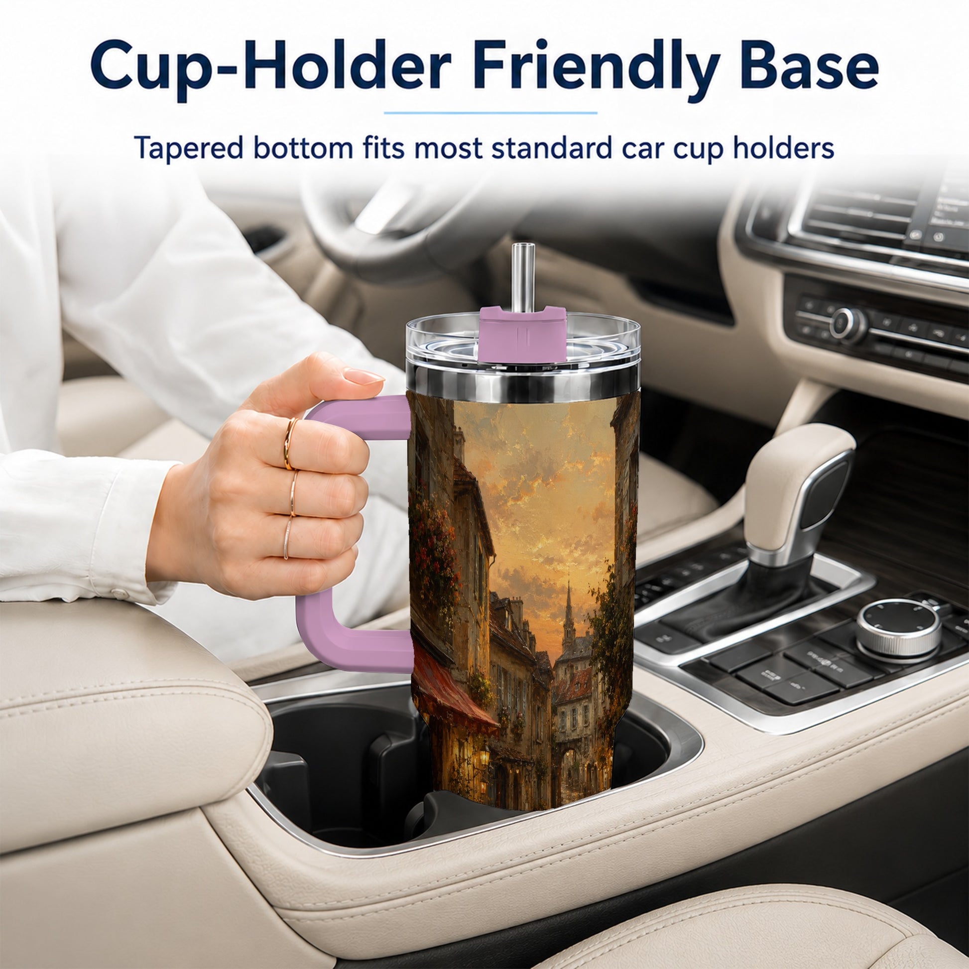#pl[40oz|Pink] Rainy Old Town 40oz Tumbler with Handle, European Cafe Street