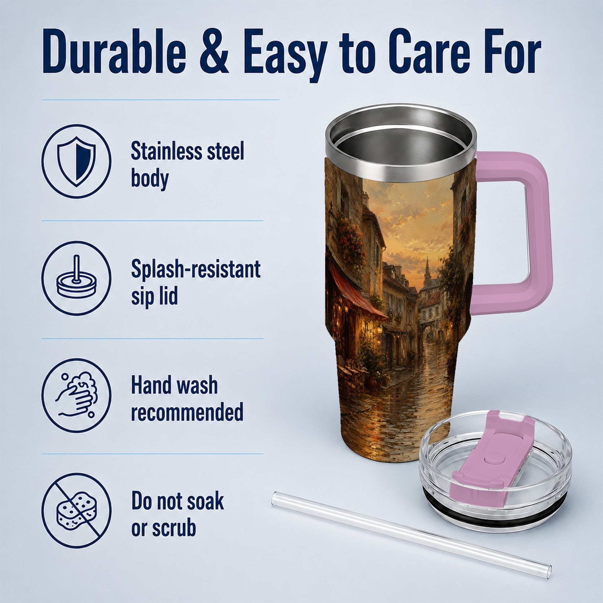 #pl[40oz|Pink] Rainy Old Town 40oz Tumbler with Handle, European Cafe Street