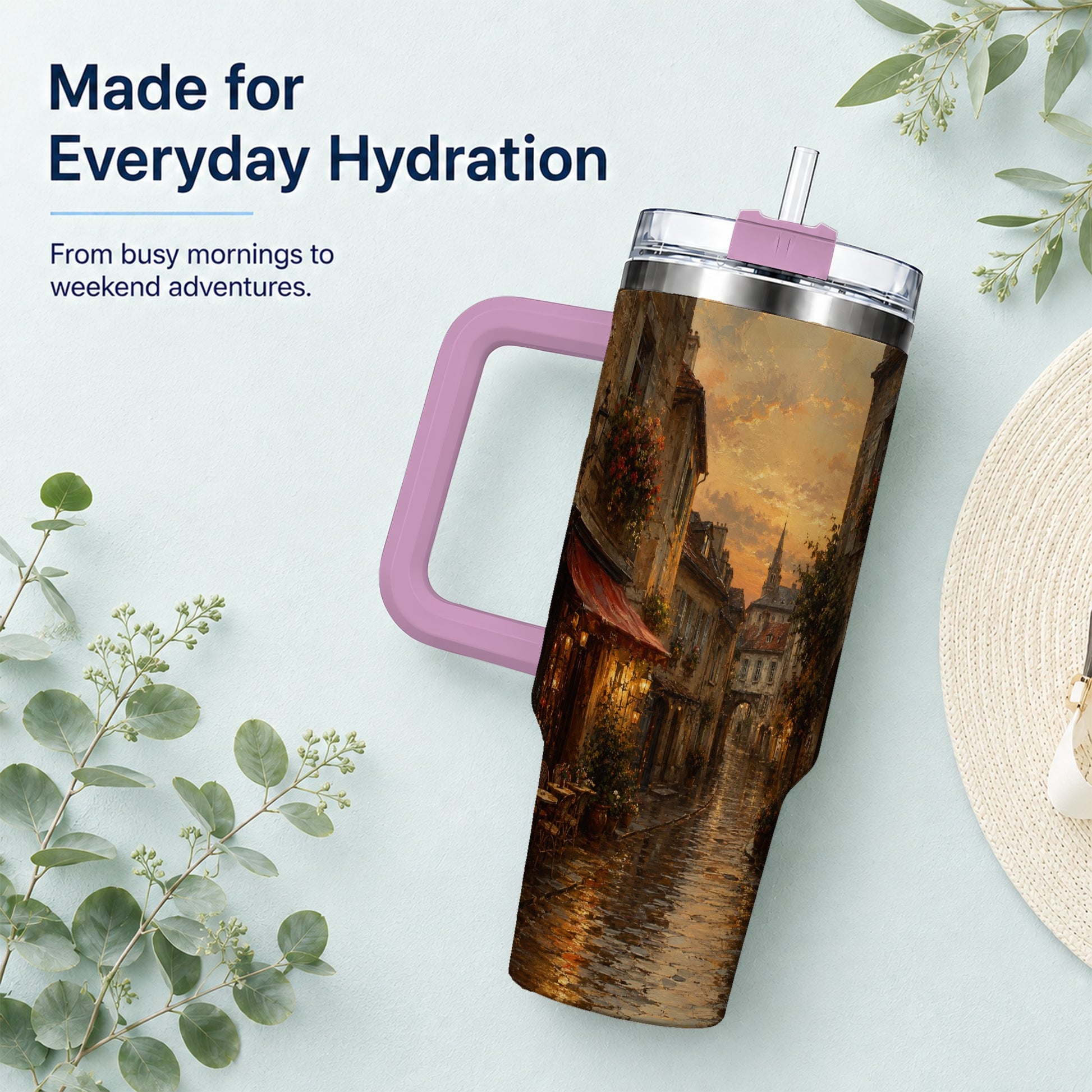 #pl[40oz|Pink] Rainy Old Town 40oz Tumbler with Handle, European Cafe Street