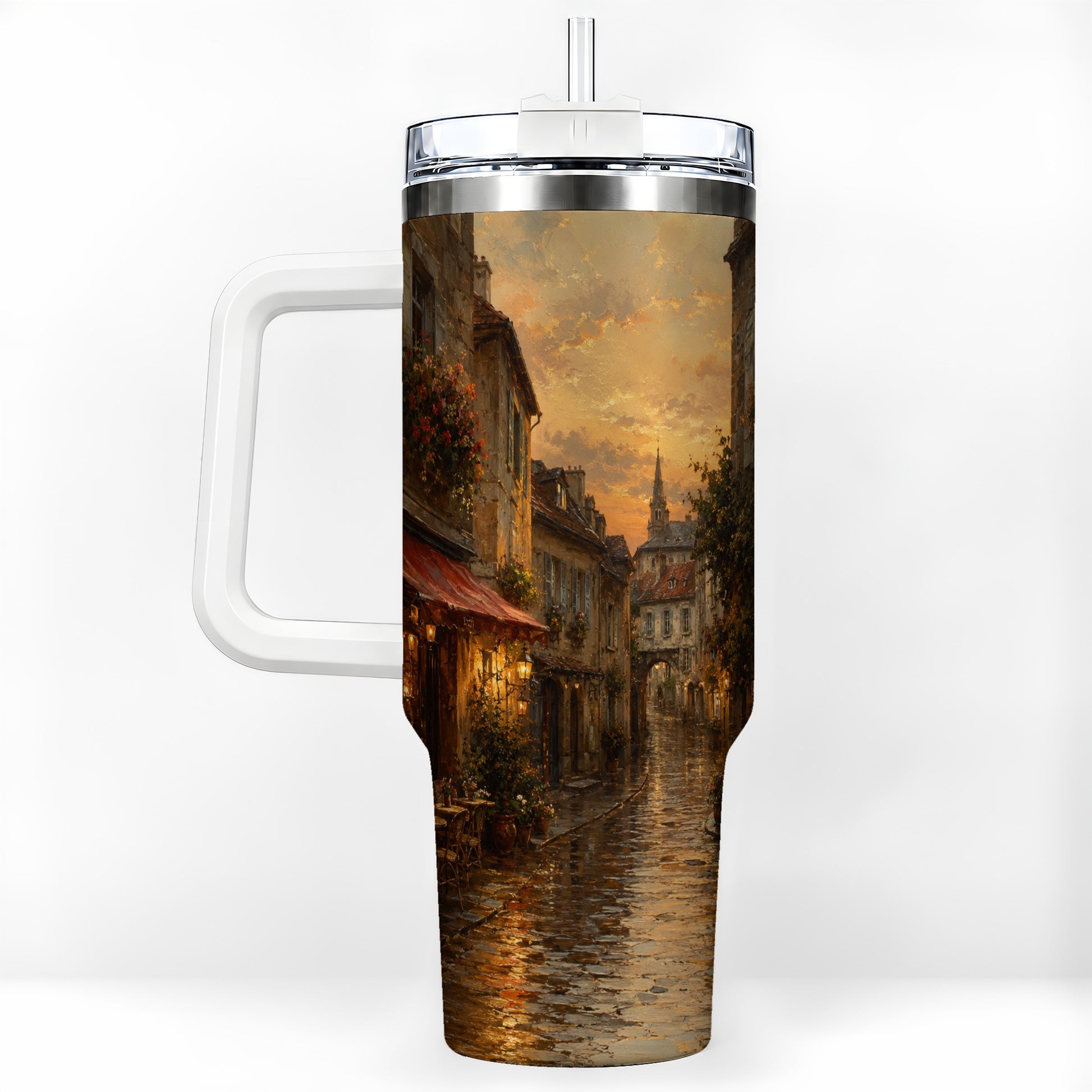 Rainy Old Town 40oz Tumbler with Handle, European Cafe Street