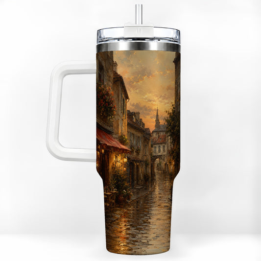 Rainy Old Town 40oz Tumbler with Handle, European Cafe Street