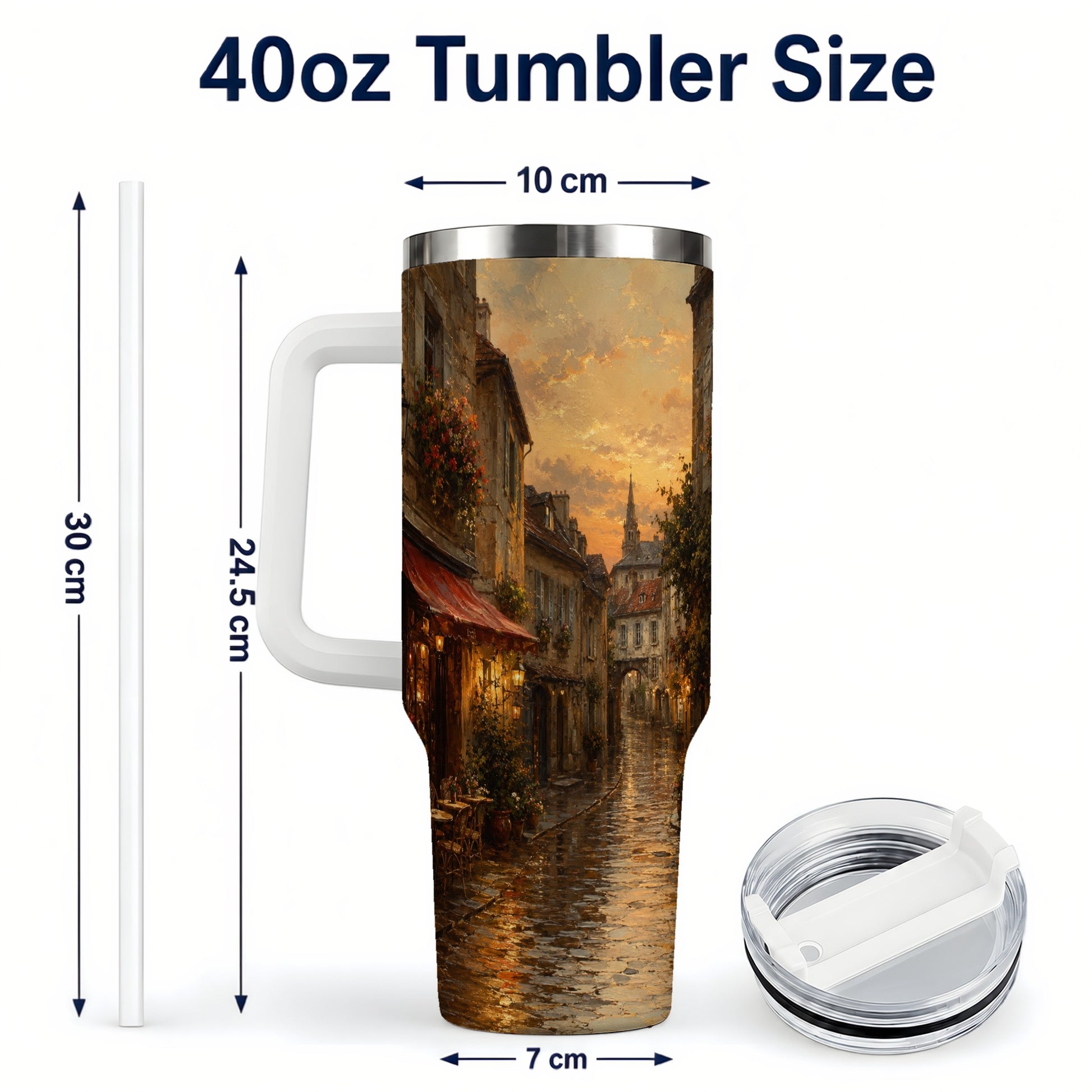 #pl[40oz|White] Rainy Old Town 40oz Tumbler with Handle, European Cafe Street