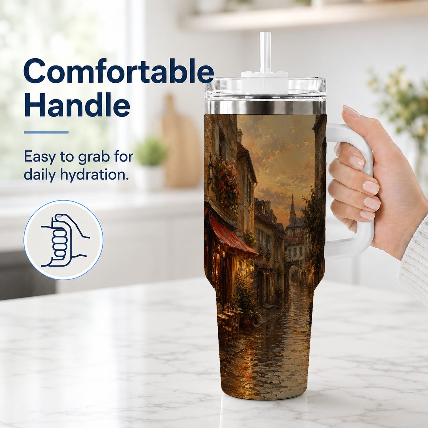 #pl[40oz|White] Rainy Old Town 40oz Tumbler with Handle, European Cafe Street