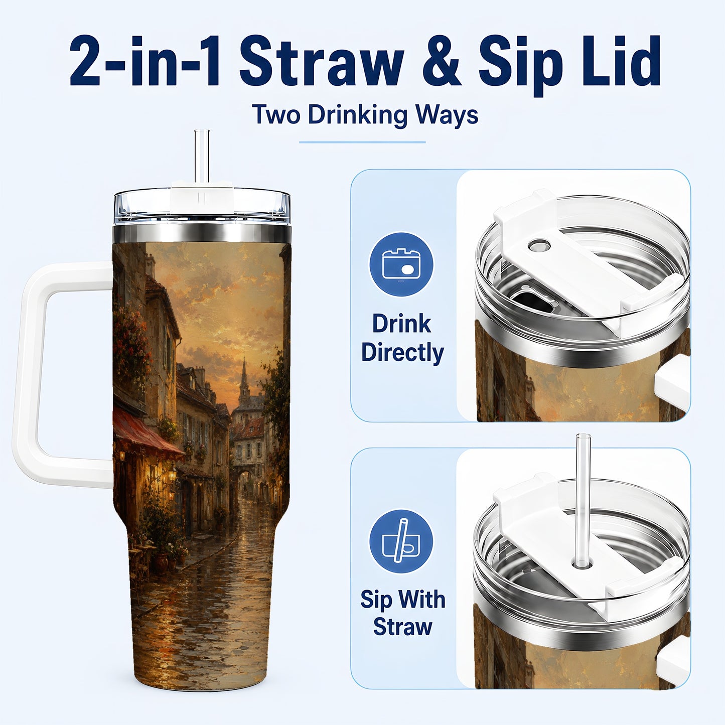 #pl[40oz|White] Rainy Old Town 40oz Tumbler with Handle, European Cafe Street