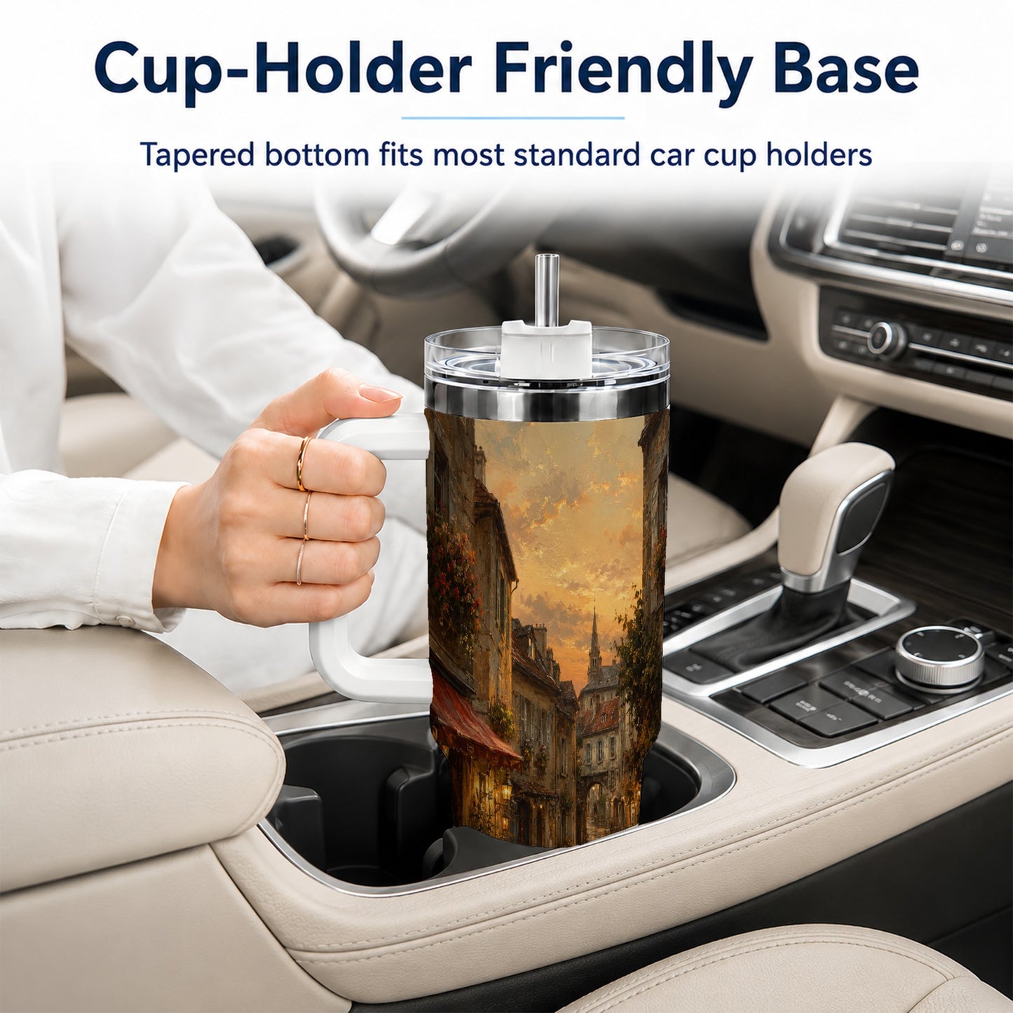#pl[40oz|White] Rainy Old Town 40oz Tumbler with Handle, European Cafe Street
