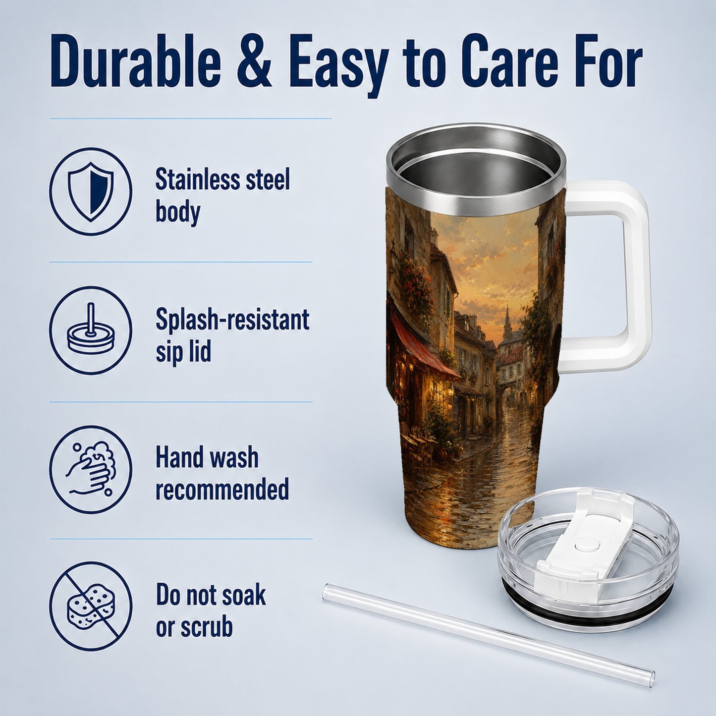 #pl[40oz|White] Rainy Old Town 40oz Tumbler with Handle, European Cafe Street
