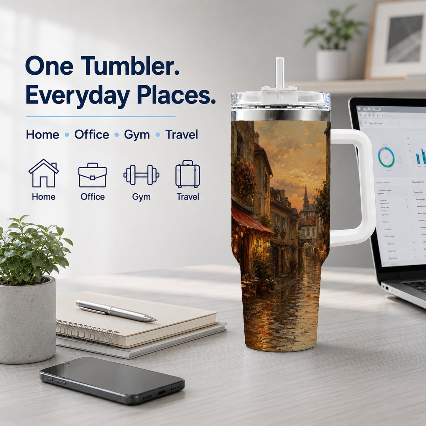 #pl[40oz|White] Rainy Old Town 40oz Tumbler with Handle, European Cafe Street