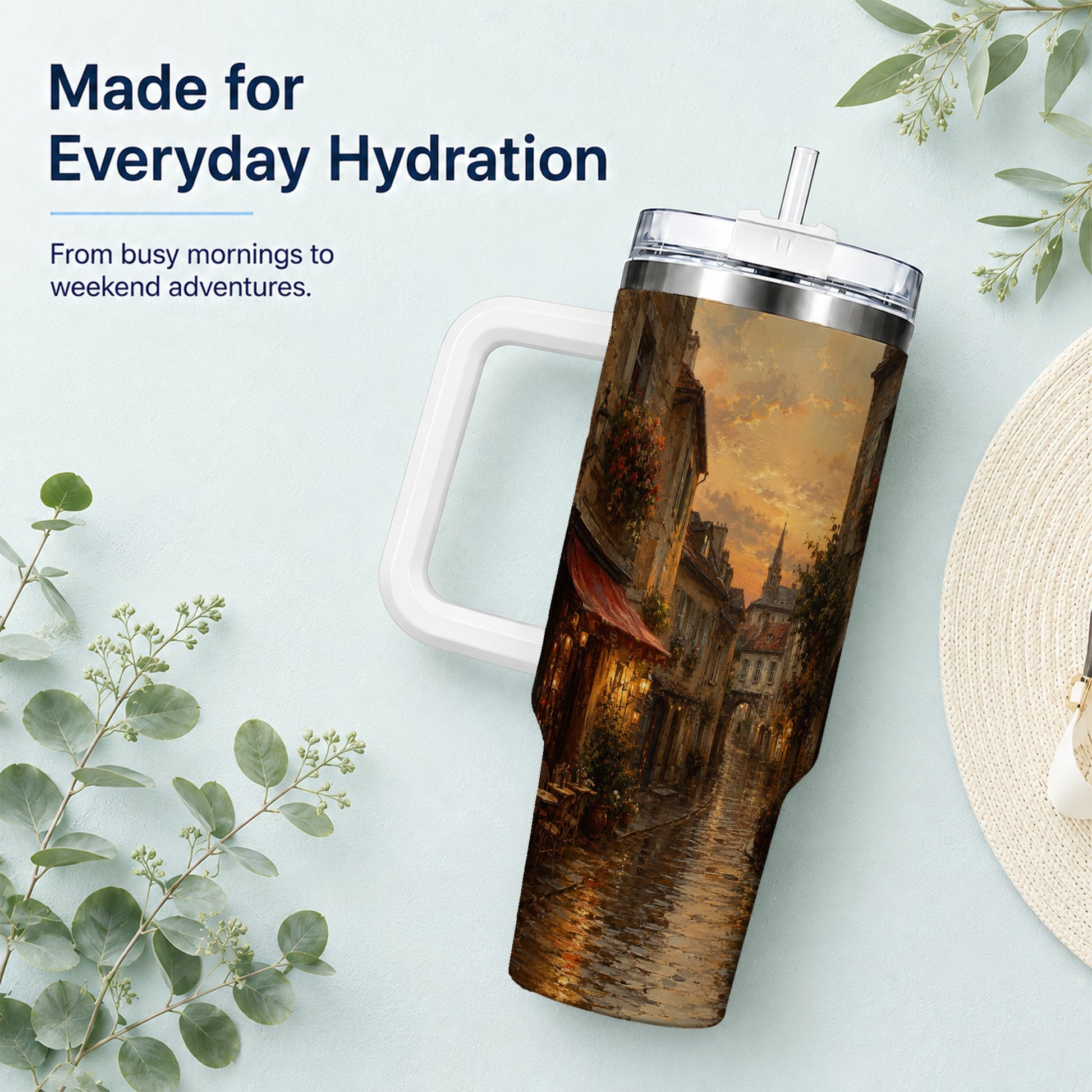 #pl[40oz|White] Rainy Old Town 40oz Tumbler with Handle, European Cafe Street