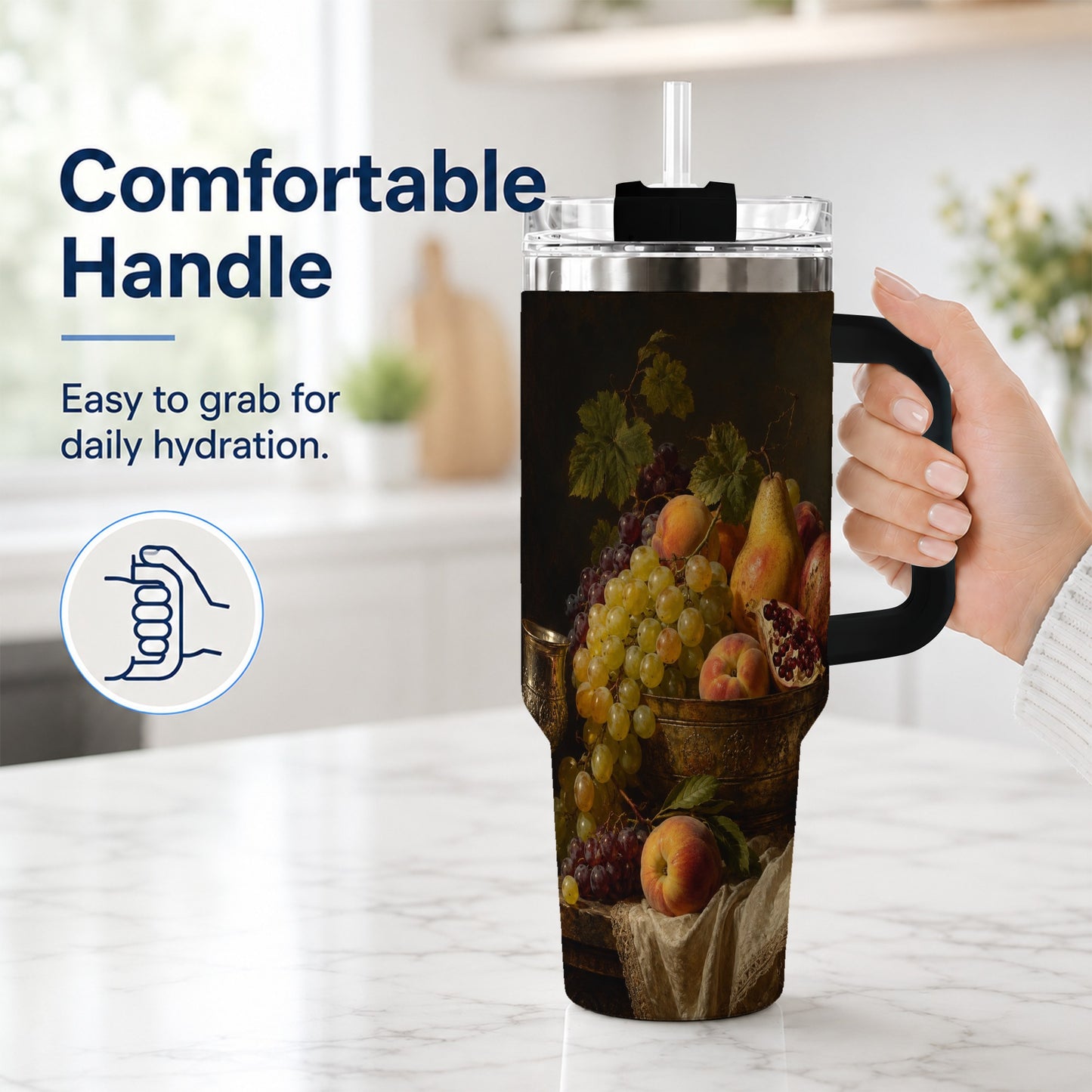 #pl[40oz|Black] Fruit Still Life 40oz Tumbler with Handle, Vintage Harvest Artwork
