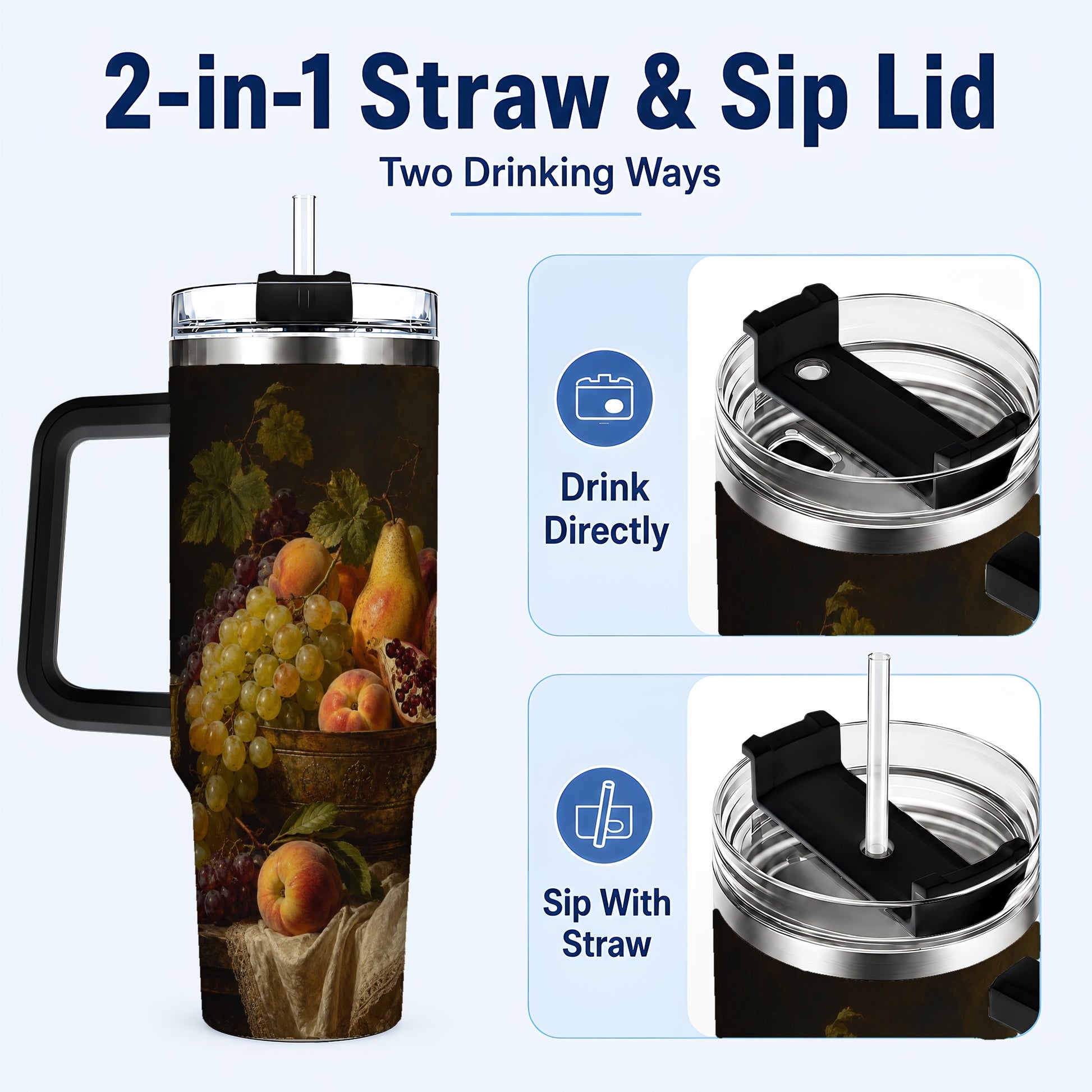#pl[40oz|Black] Fruit Still Life 40oz Tumbler with Handle, Vintage Harvest Artwork