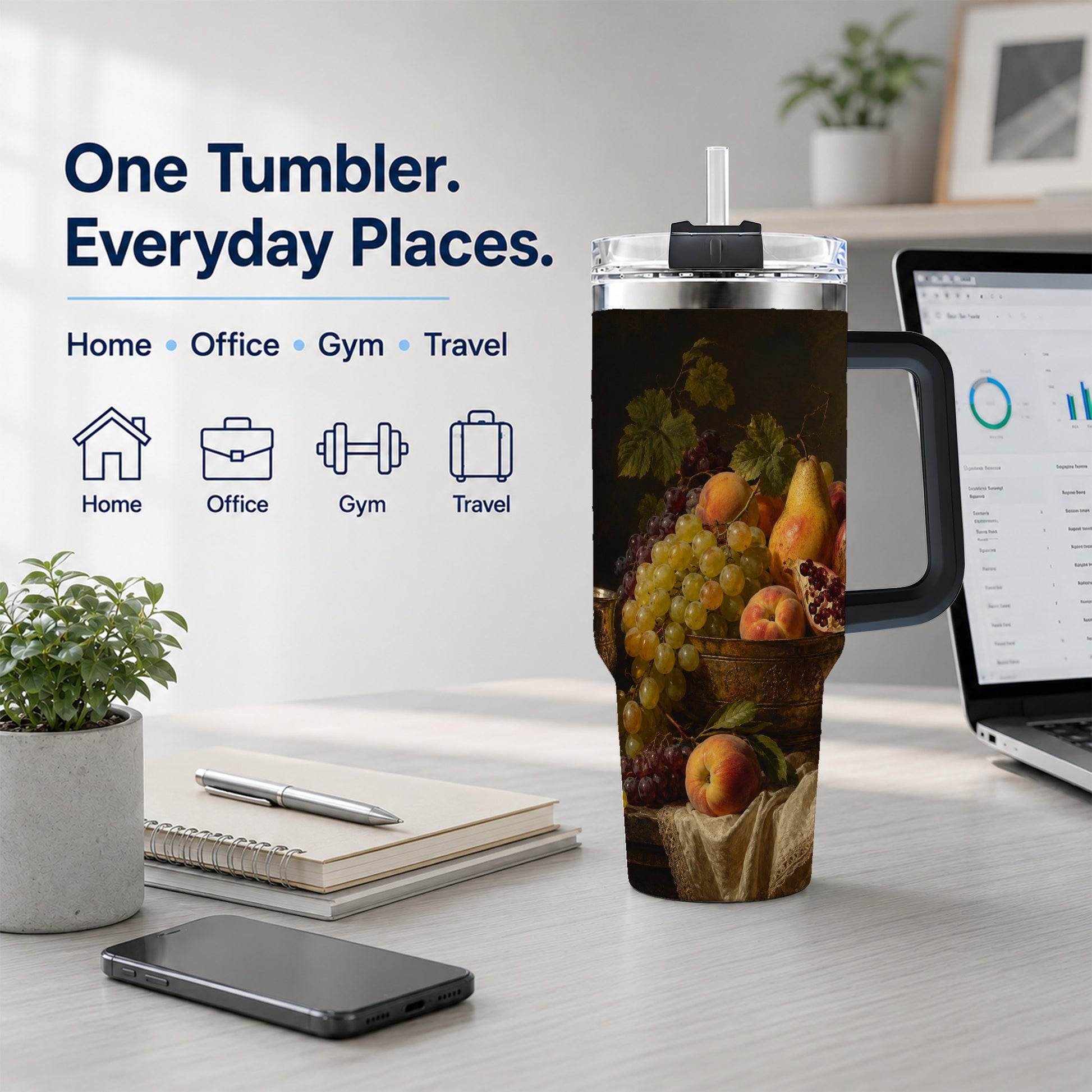 #pl[40oz|Black] Fruit Still Life 40oz Tumbler with Handle, Vintage Harvest Artwork