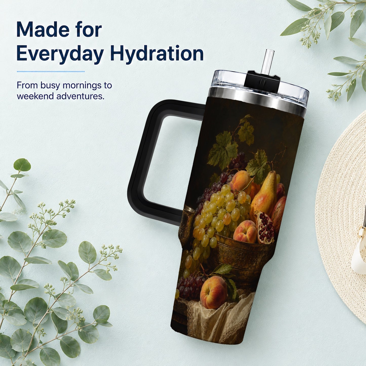 #pl[40oz|Black] Fruit Still Life 40oz Tumbler with Handle, Vintage Harvest Artwork