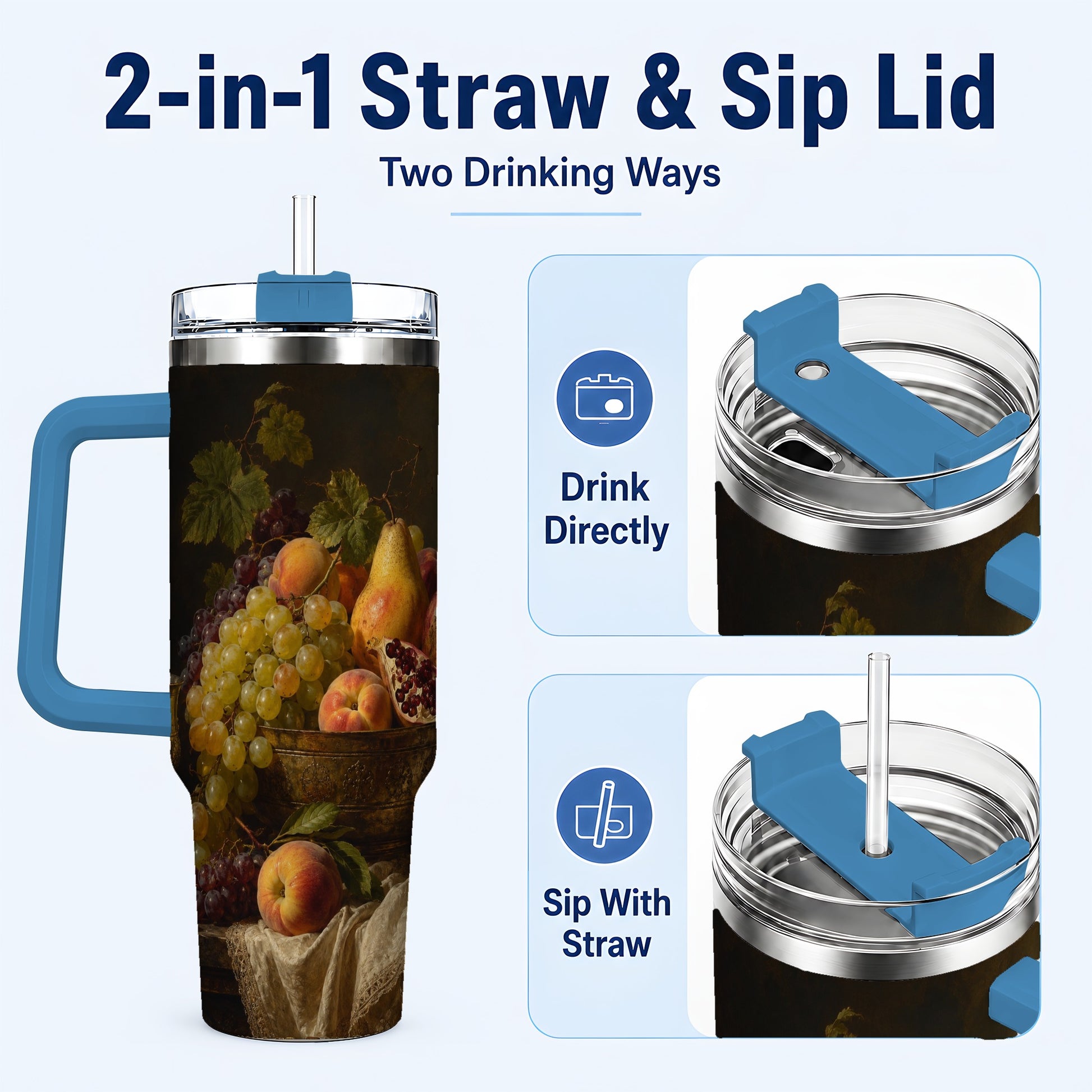 #pl[40oz|Blue] Fruit Still Life 40oz Tumbler with Handle, Vintage Harvest Artwork